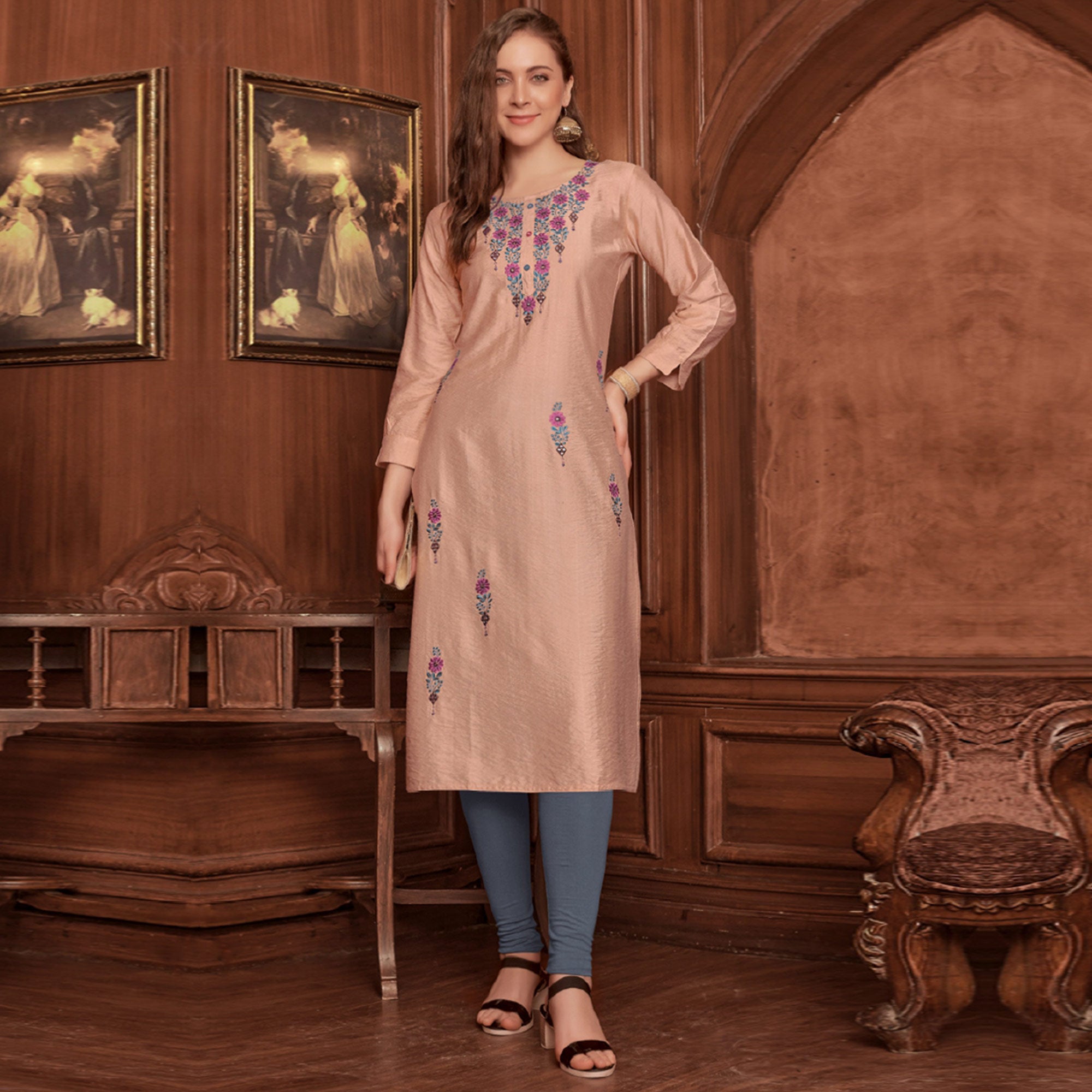 Light Brown Floral Embroidered Rayon Kurti