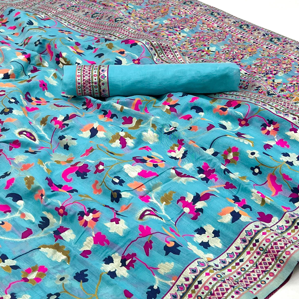 Firozi Blue Floral Woven Pashmina Saree