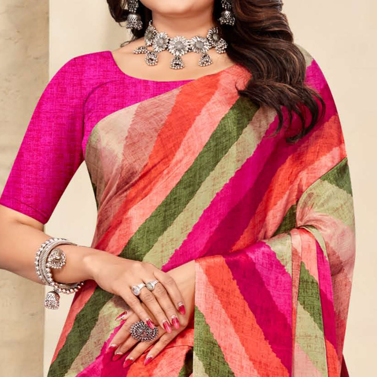 Multicolor Striped Printed Crepe Saree