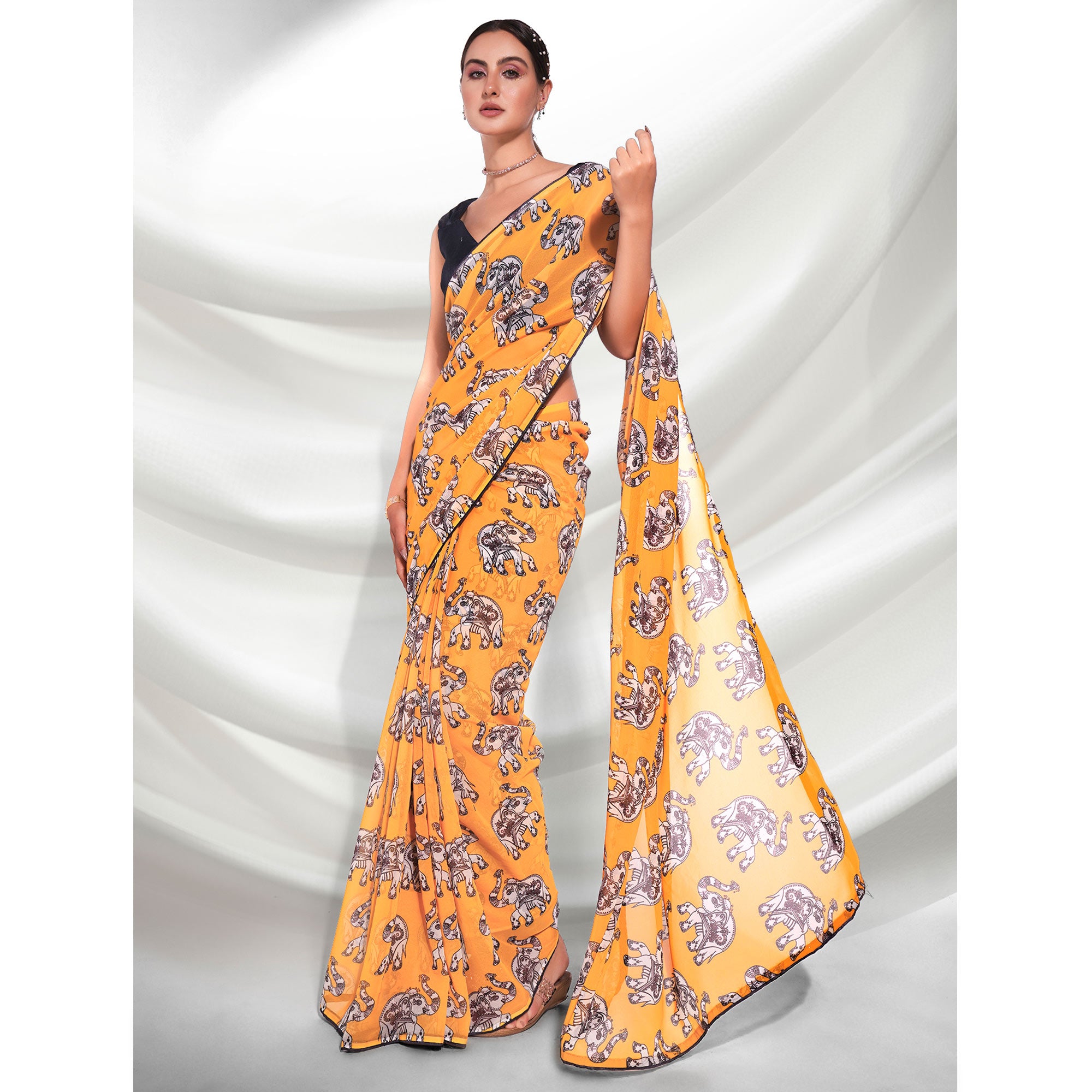 Yellow Printed Georgette Saree