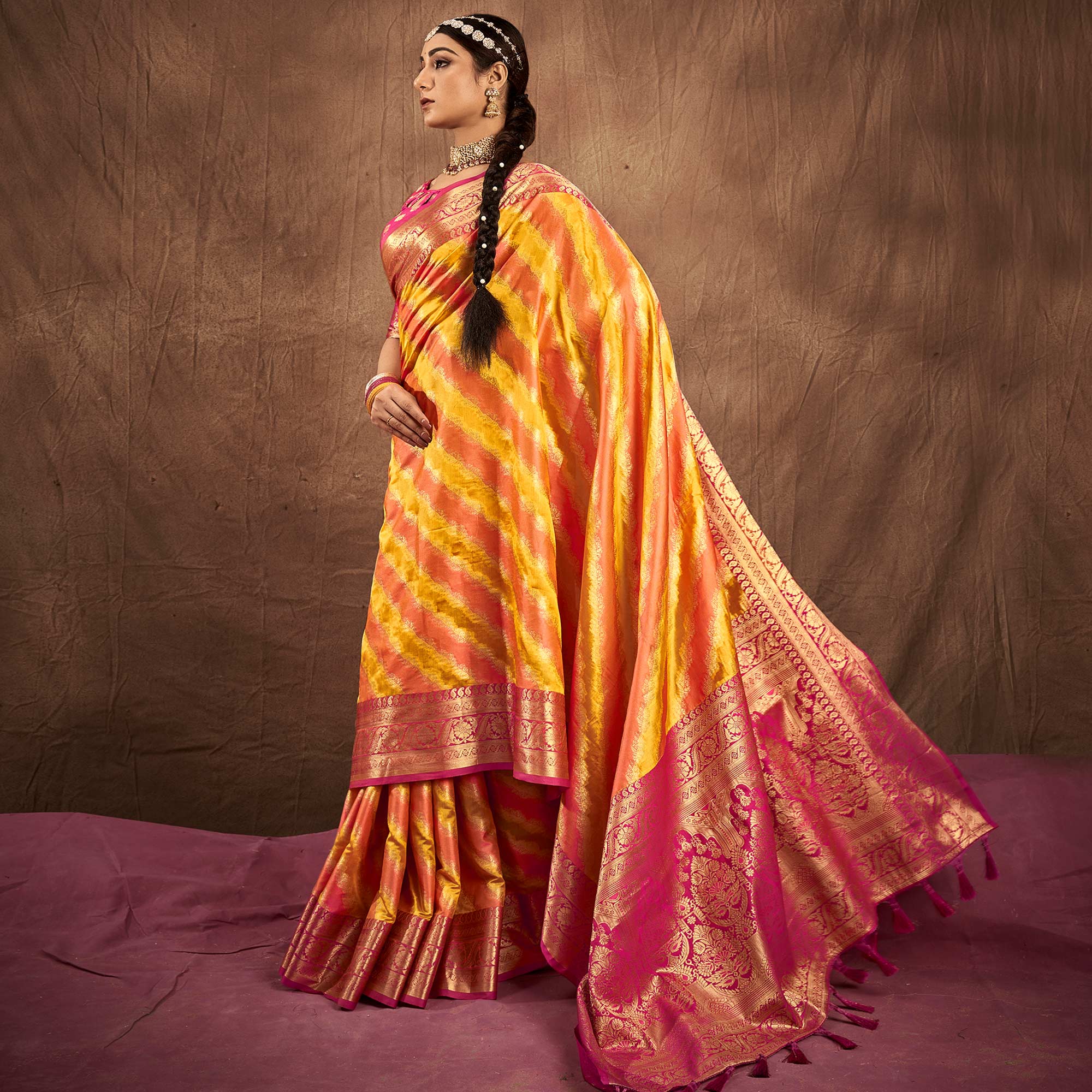 Yellow & Orange Woven Art Silk Saree