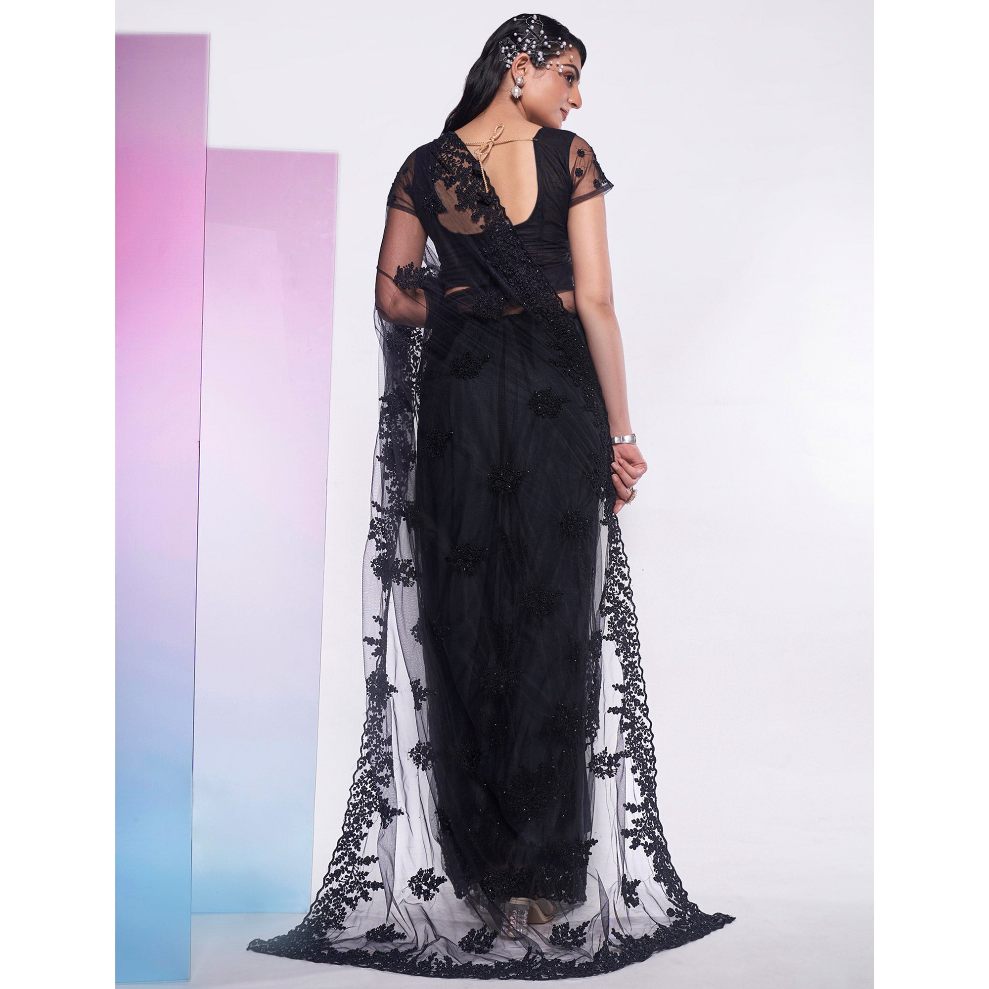 Black Floral Embroidered Net Saree