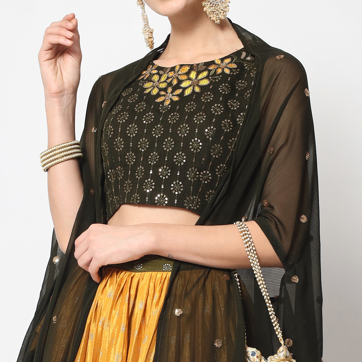 Mustard & Olive Foil Printed Chiffon Lehenga Choli