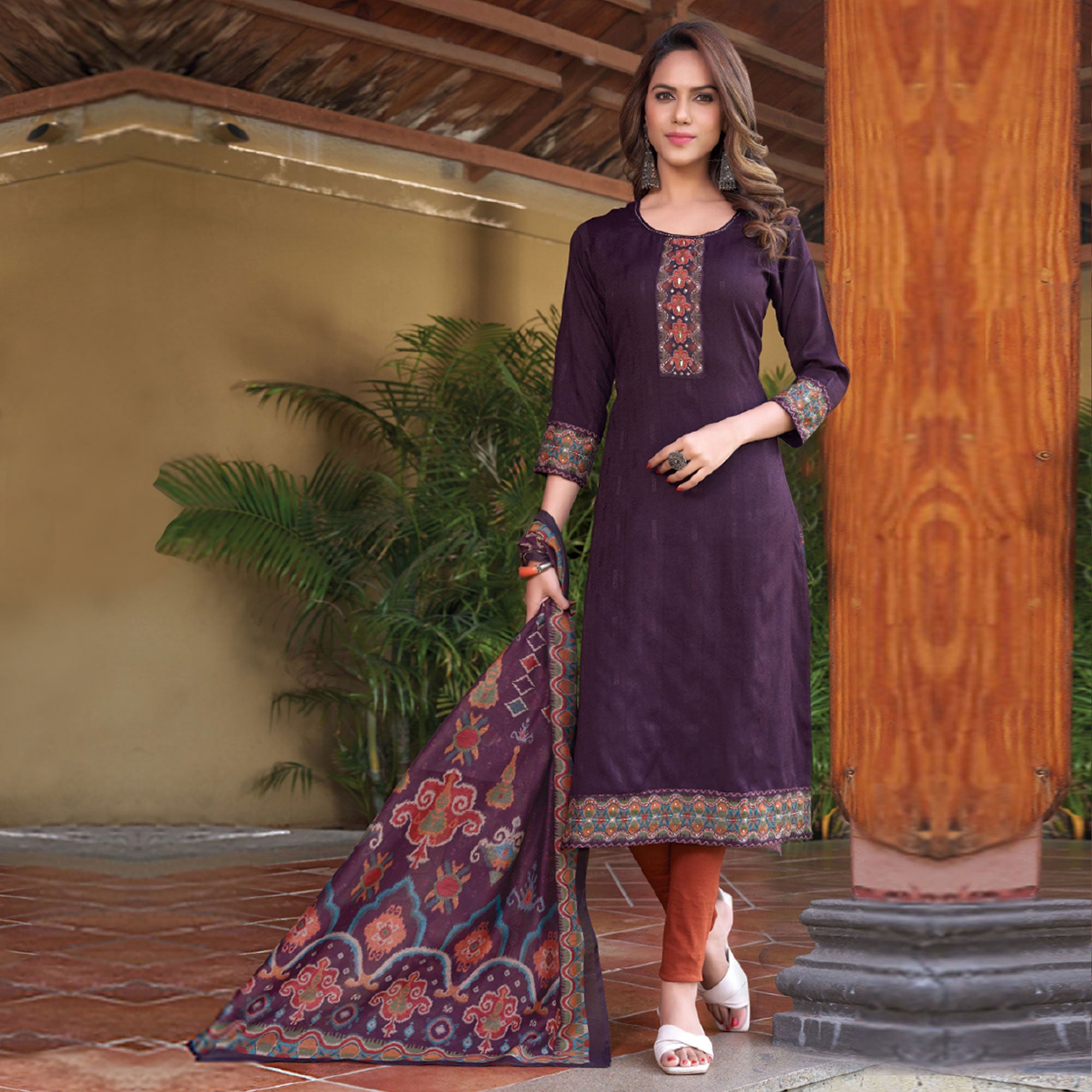 Purple Embroidered Rayon Kurti With Dupatta