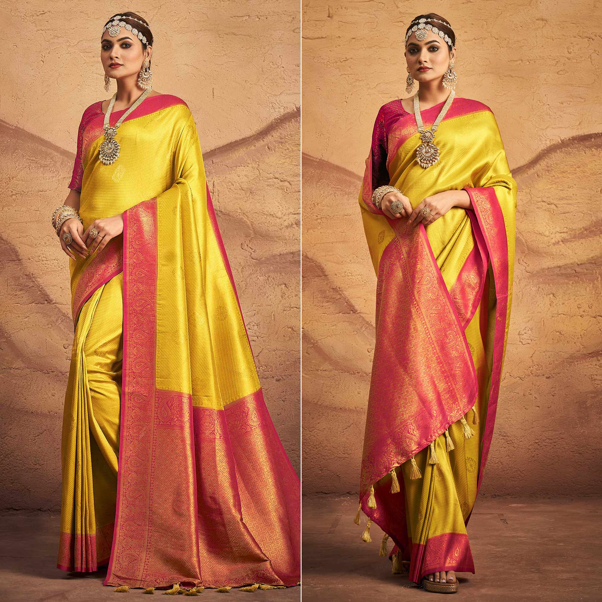 Lemon Yellow Woven Art Silk Saree With Tassels