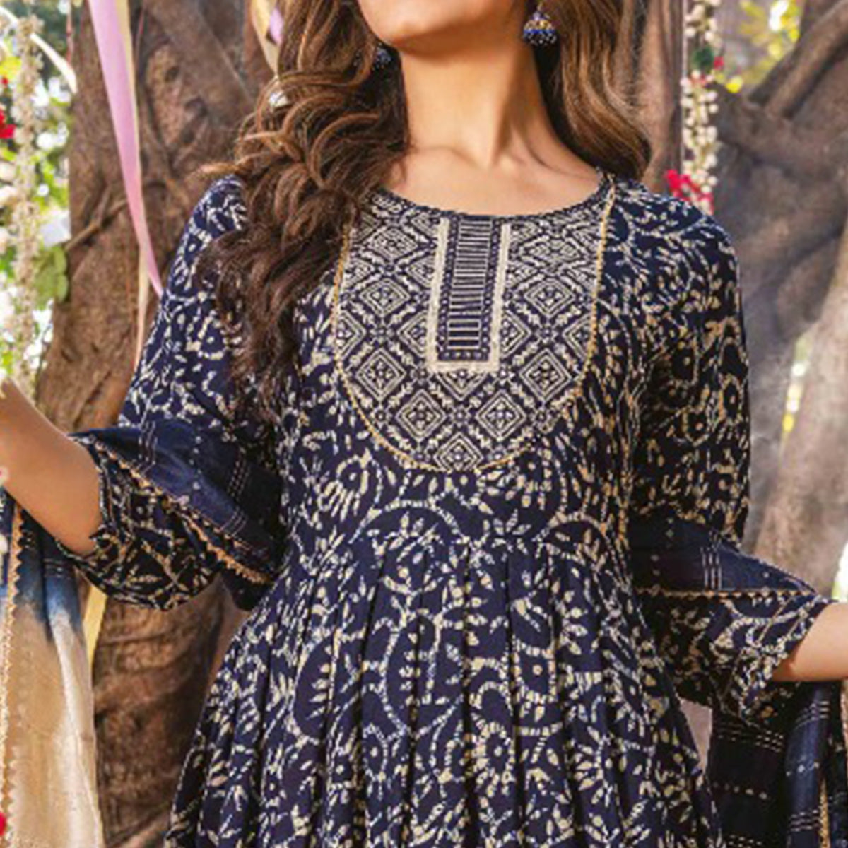 Navy Blue Printed Rayon Naira Cut Suit