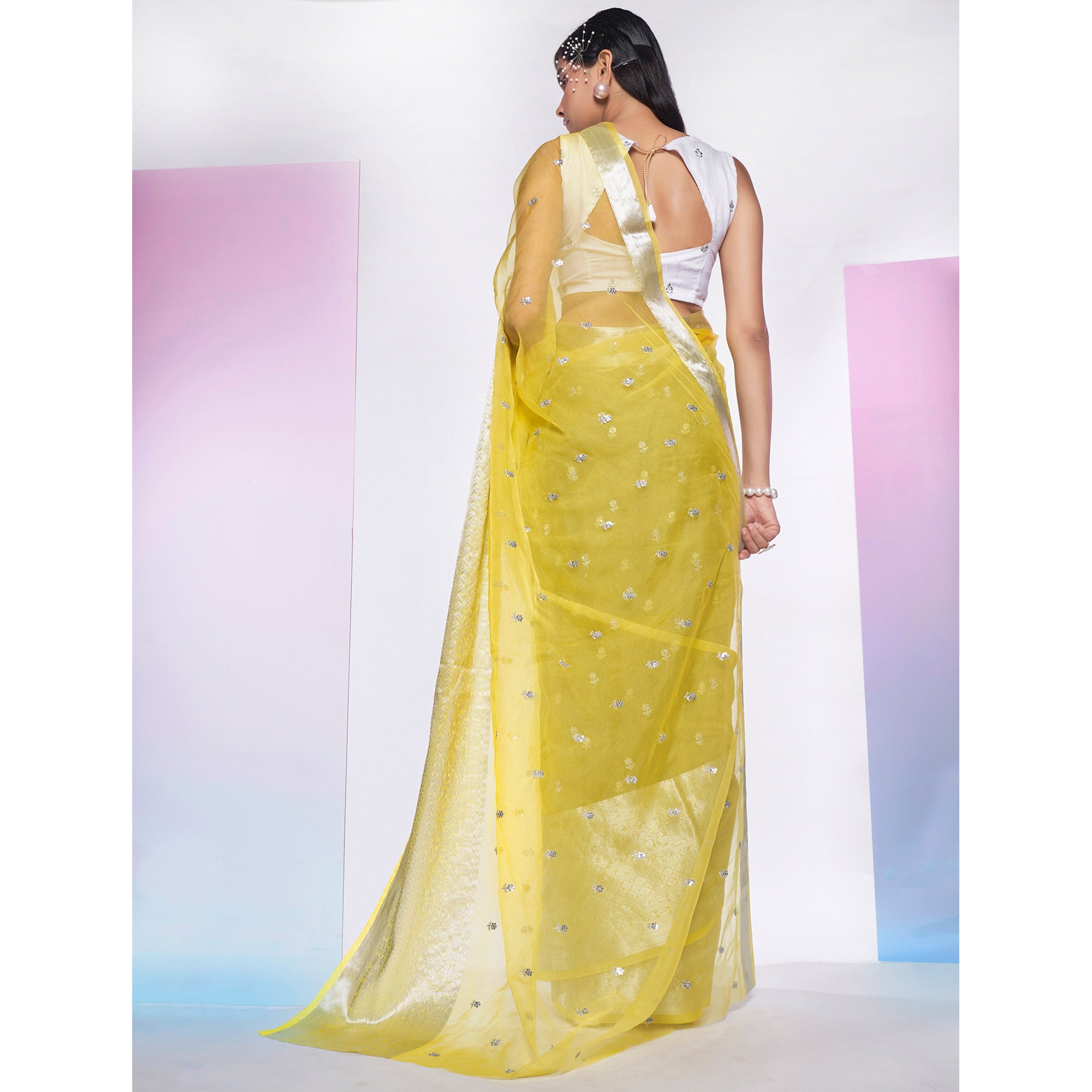 Lemon Yellow Sequins Floral Embroidered Organza Saree