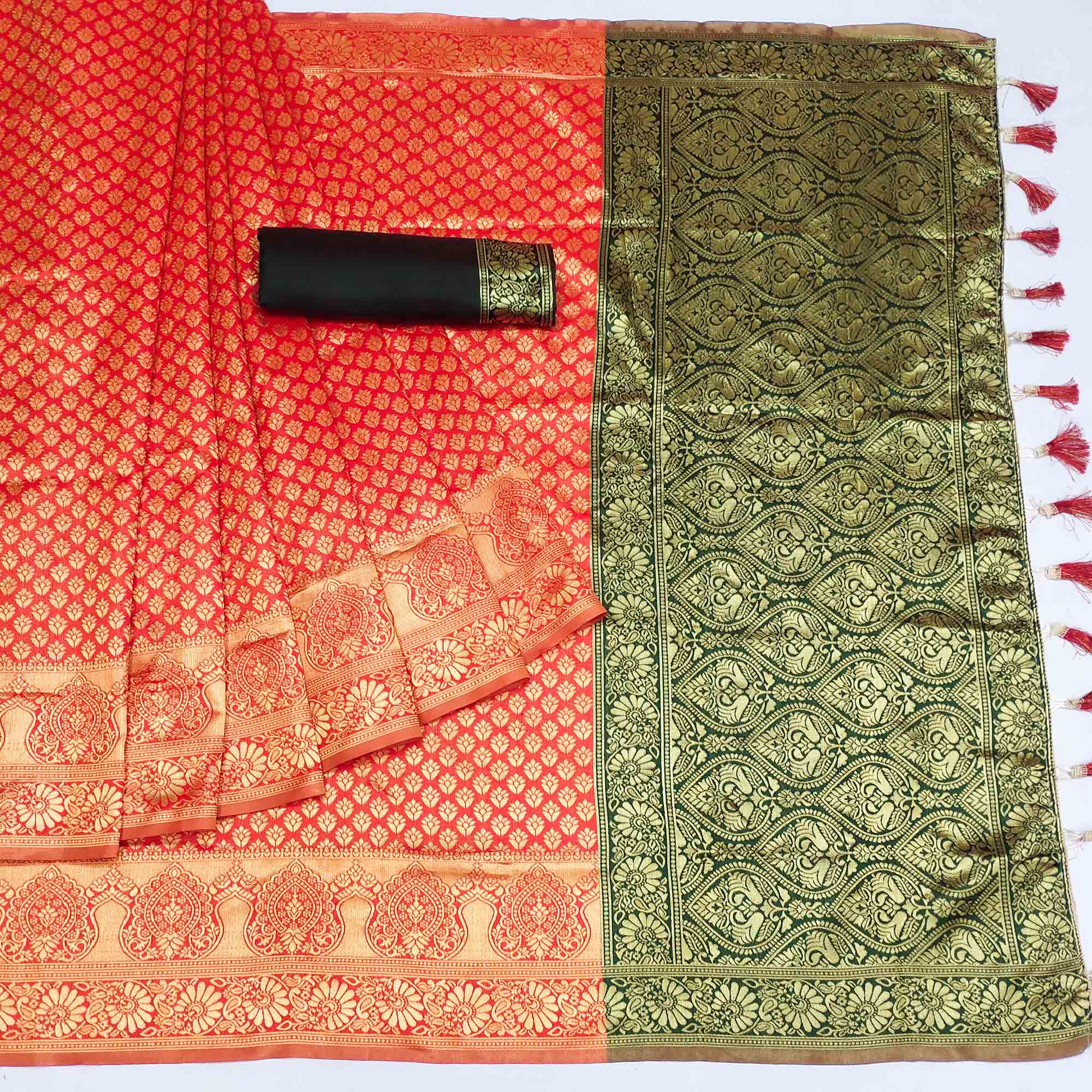 Red Woven Banarasi Silk Saree With Tassels