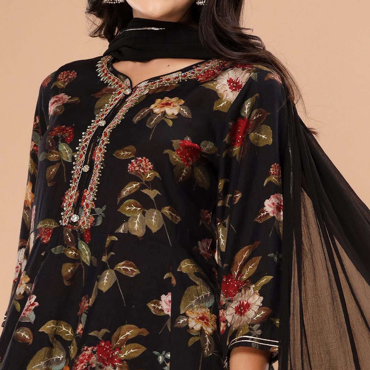 Black Floral Printed And Gota Work Muslin Anarkali Suit