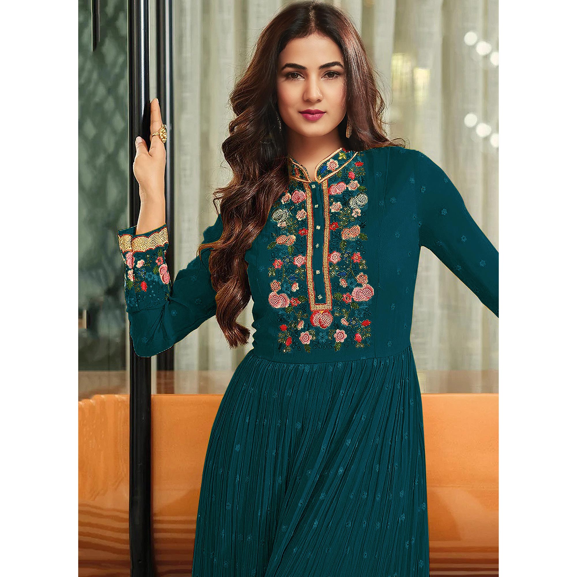 Rama Green Embroidered Georgette Gown