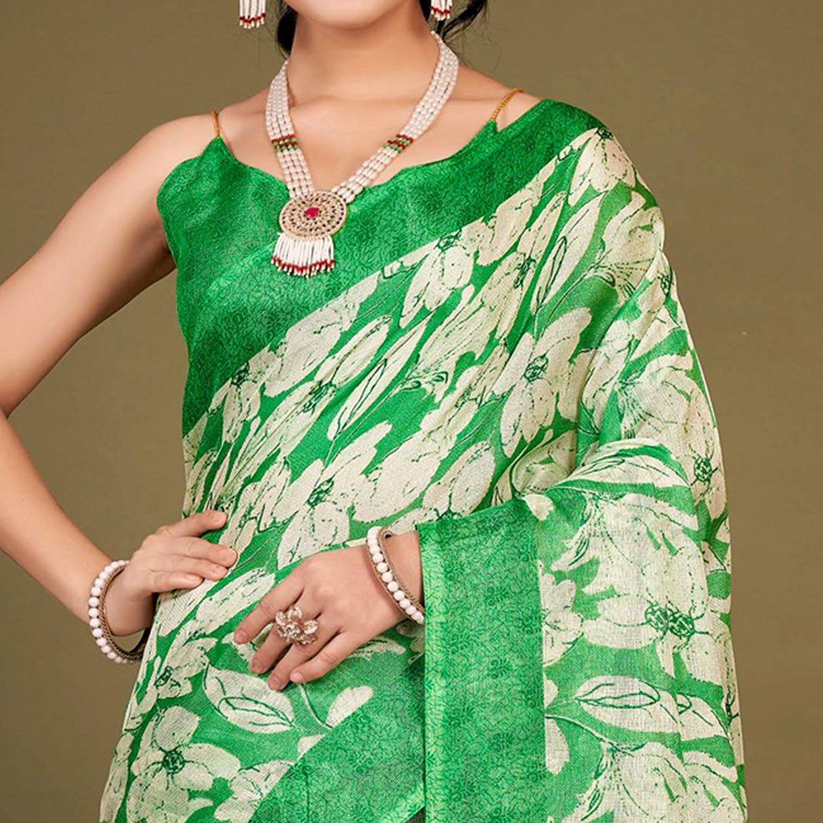 Green Floral Printed Jute Saree With Tassels