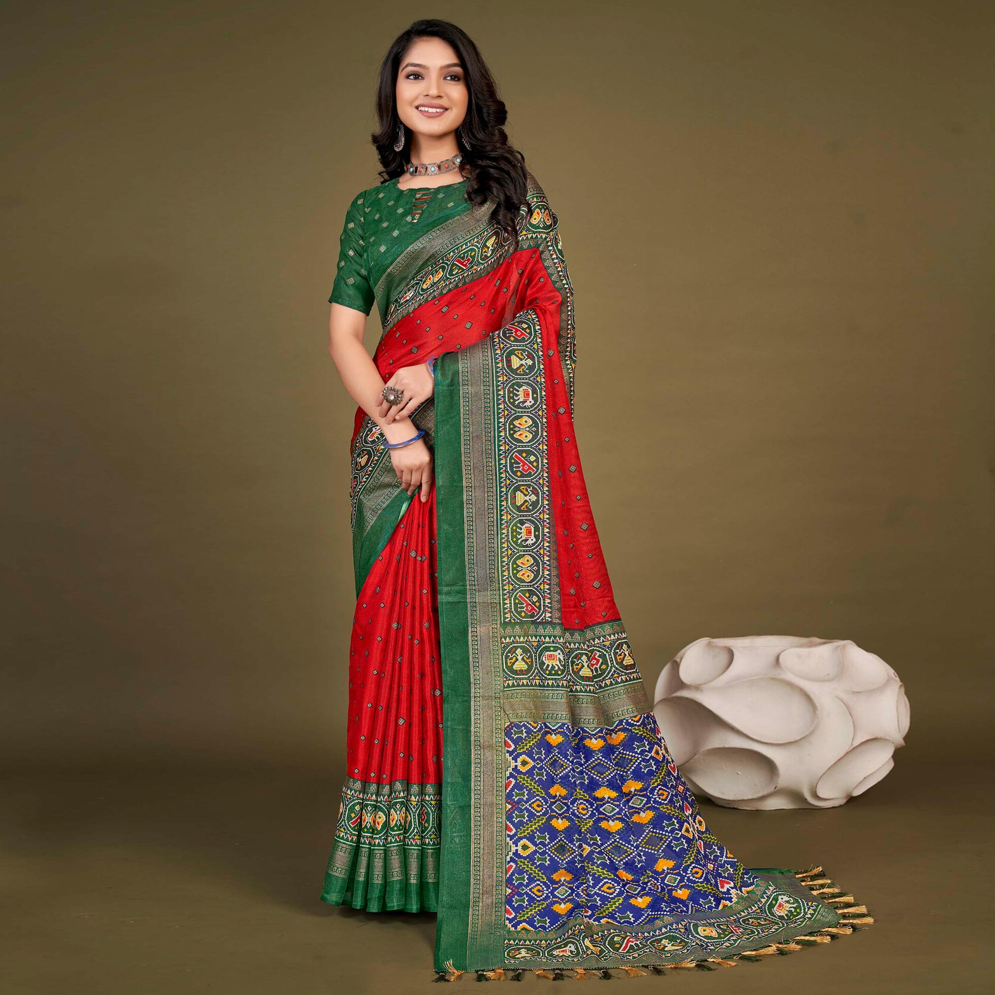 Red Printed Jute Patola Saree With Tassels