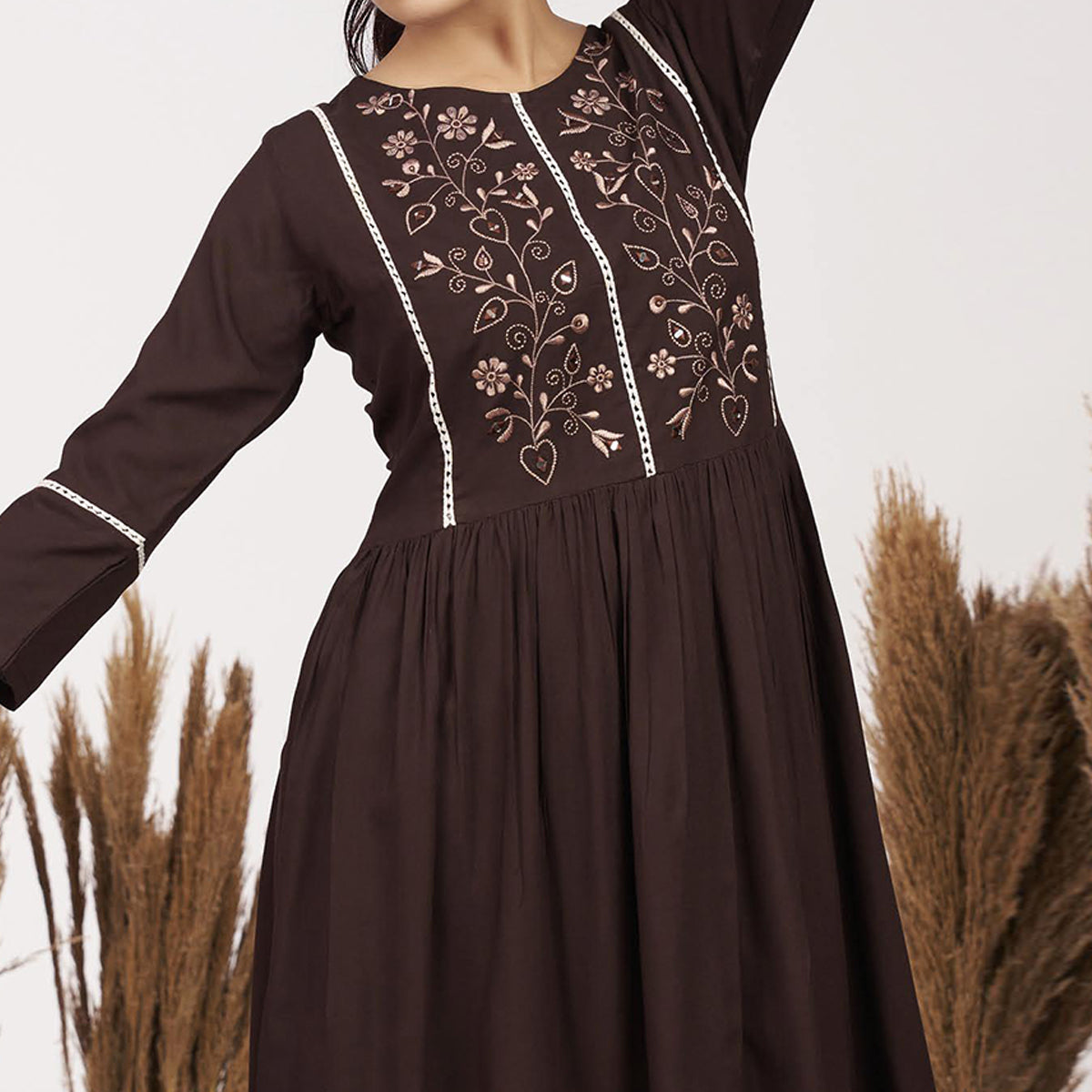 Brown Floral Embroidered Rayon Short Dress