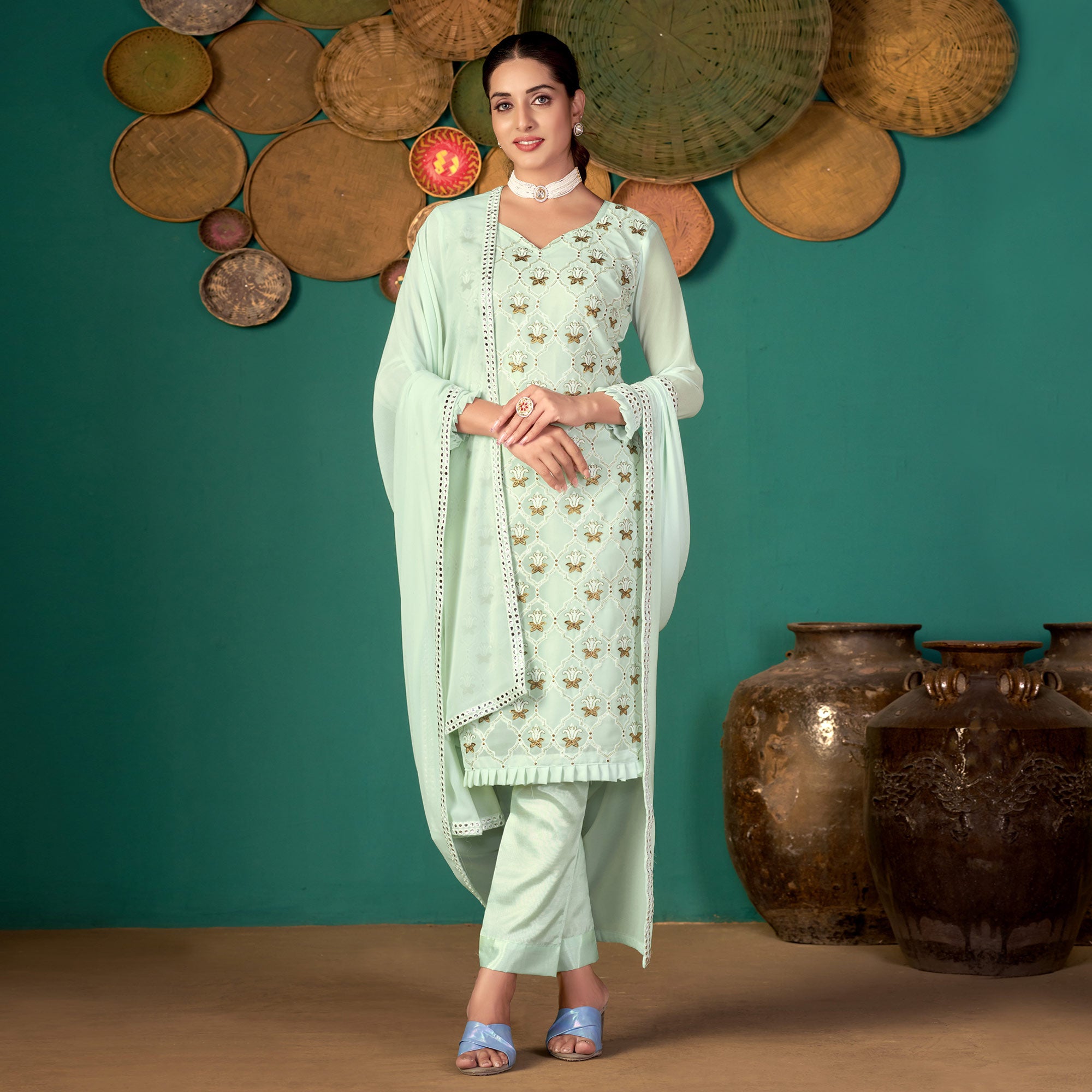 Pastel Green Floral Embroidered Georgette Suit