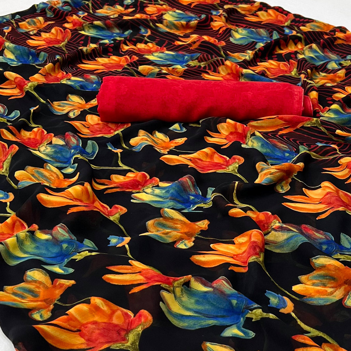Black Floral Digital Printed Georgette Saree