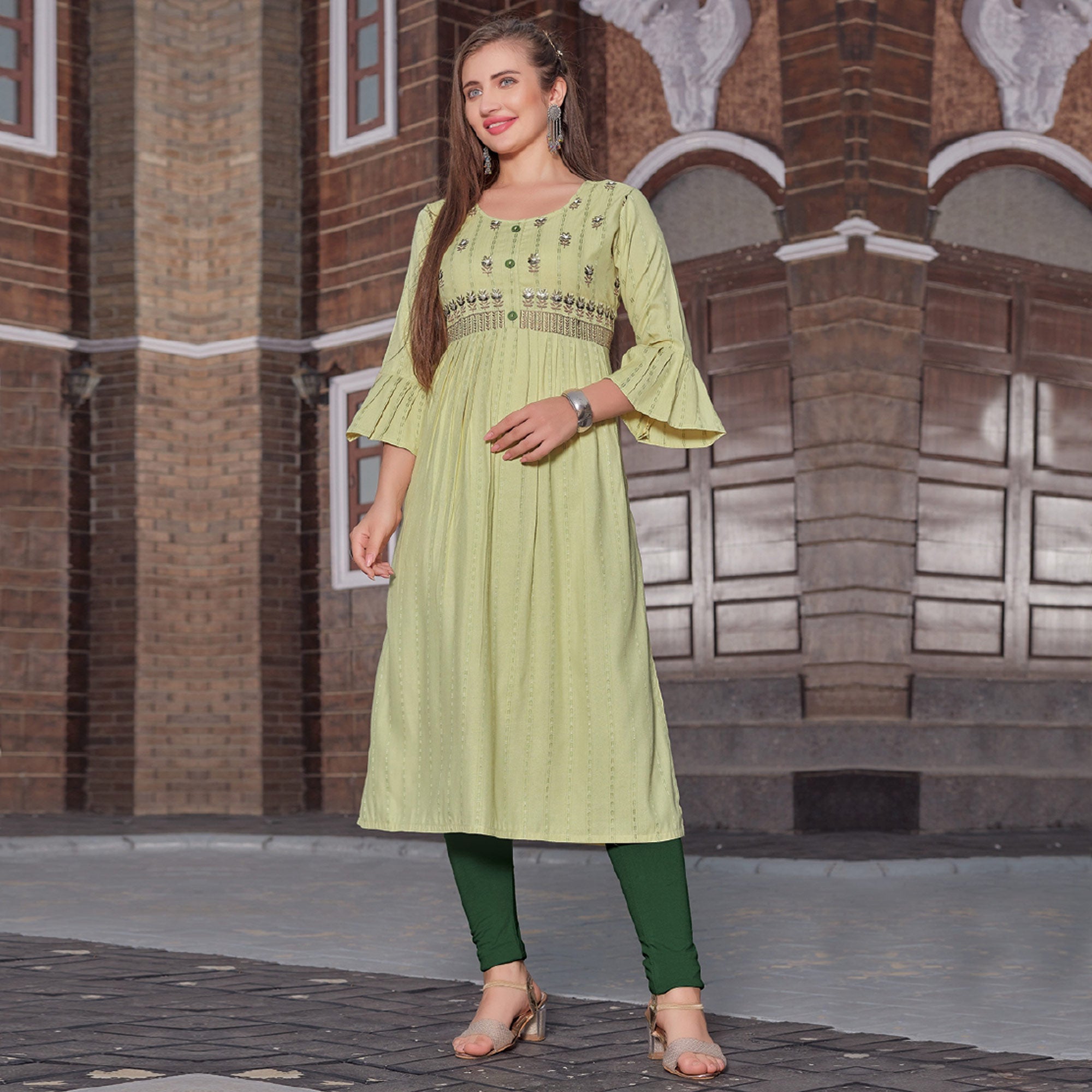 Pista Green Floral Embroidered Rayon Naira Cut Kurti