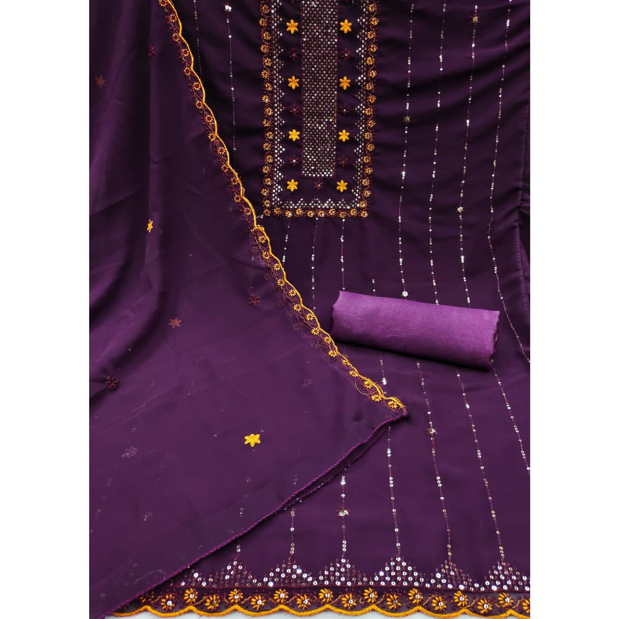 Purple Sequins Embroidered Georgette Dress Material