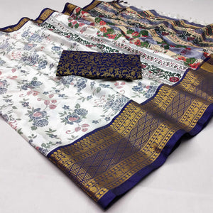 White And Navy Blue Floral Printed With Woven Cotton Silk Saree