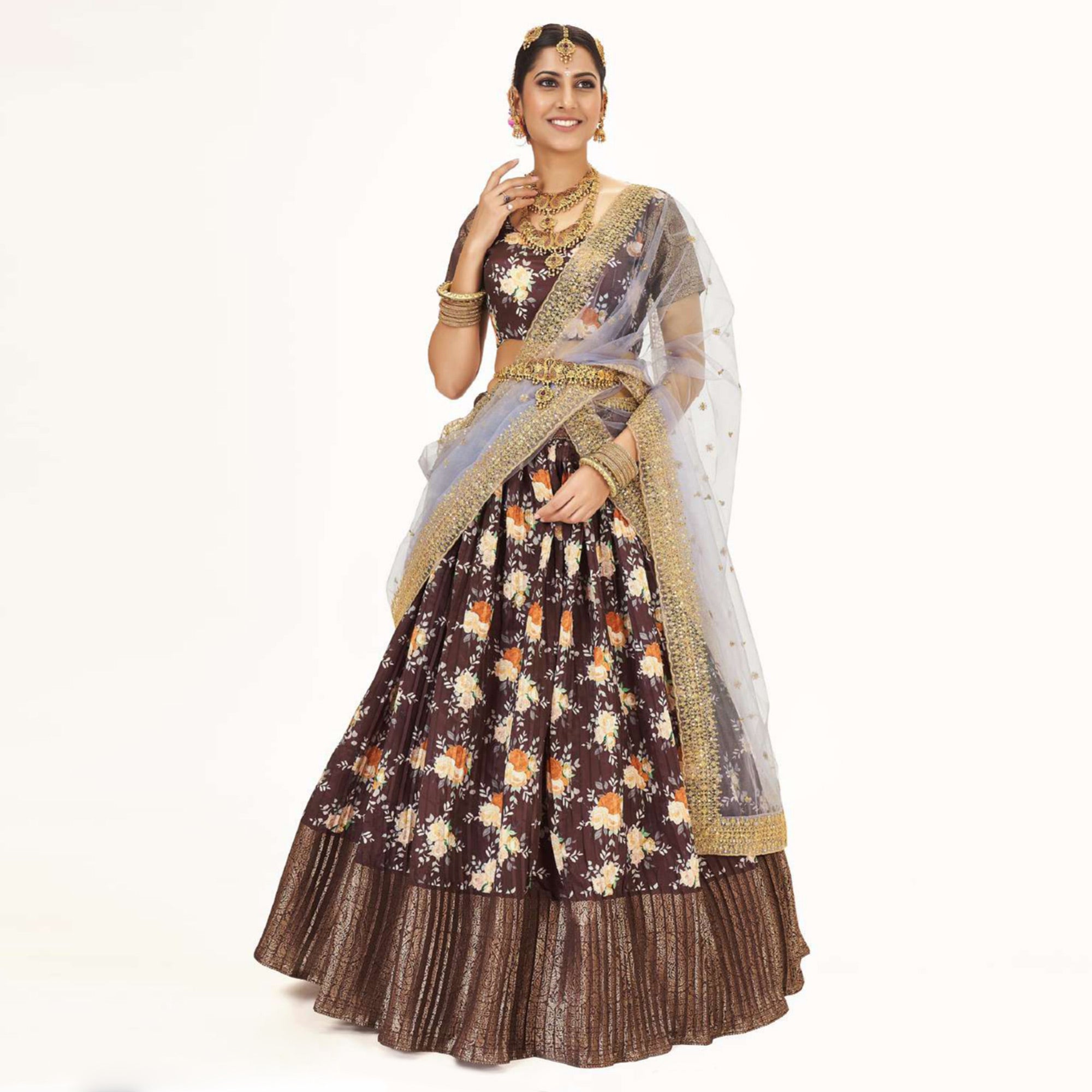 Chocolate Brown Digital Printed With Zari Work Art Silk Lehenga Choli