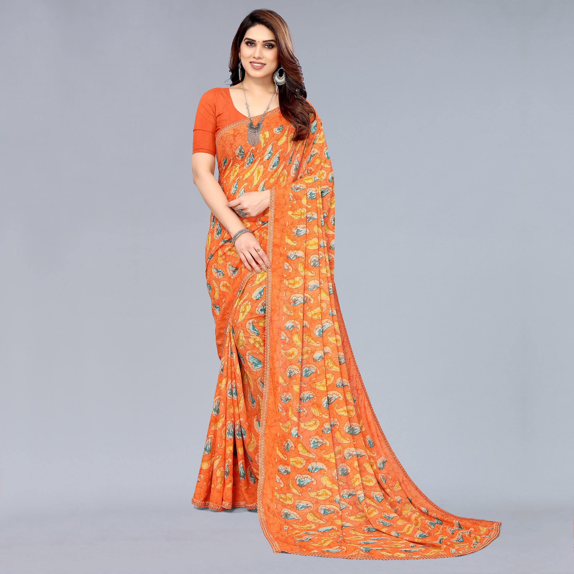 Orange Printed Georgette Saree With Crochet Border