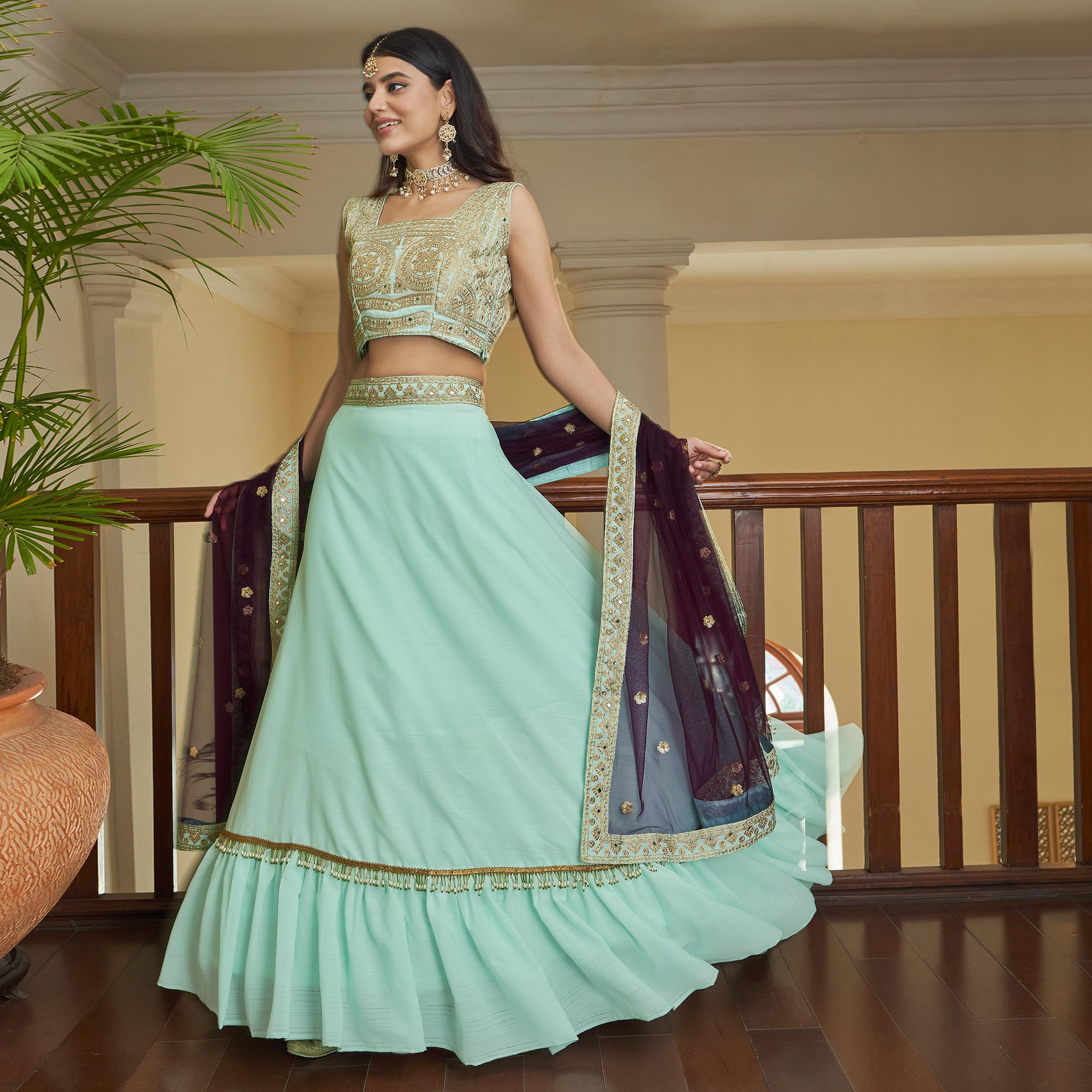 Light Aqua Green Embroidered Art Silk Lehenga Choli