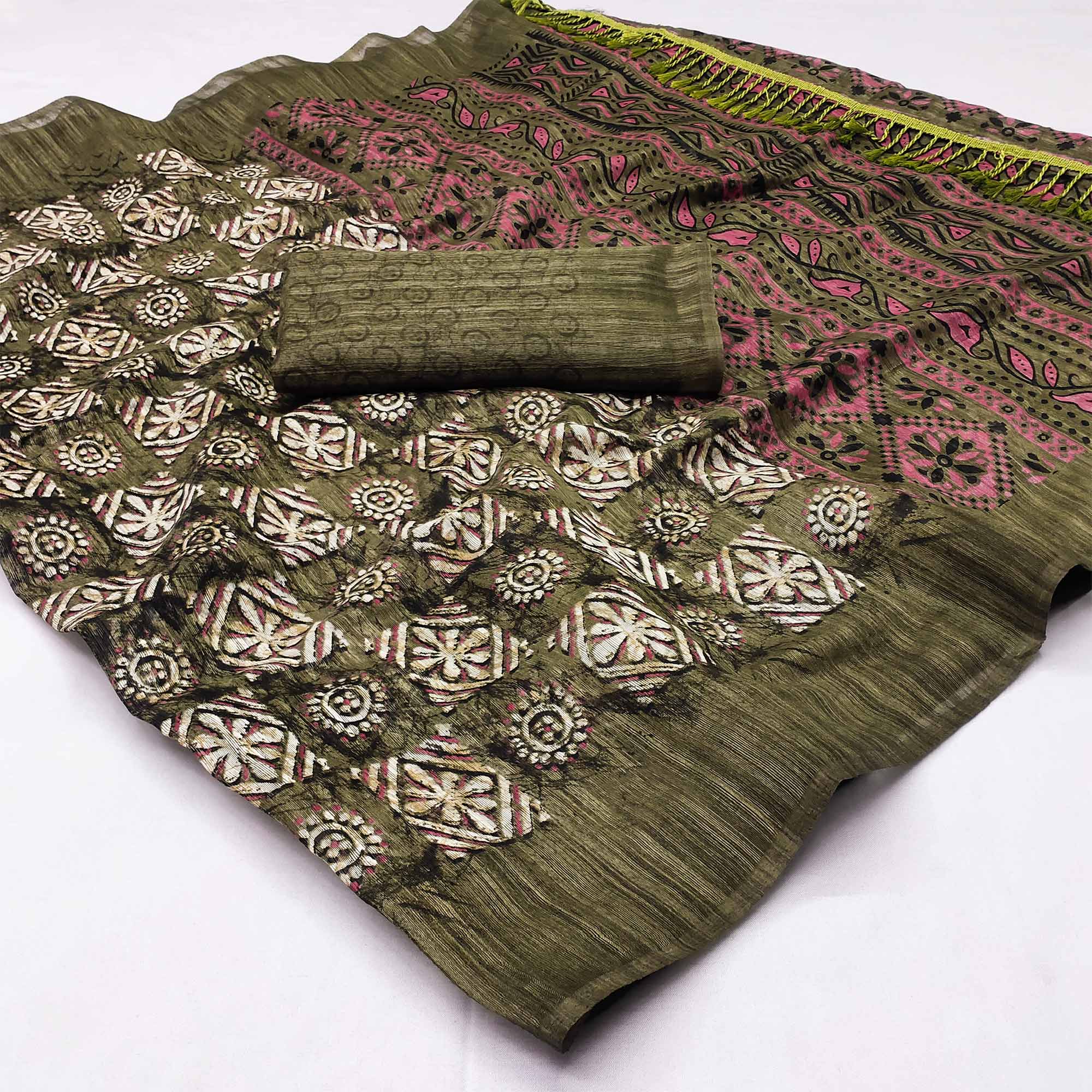 Green Floral Printed Art Silk Saree