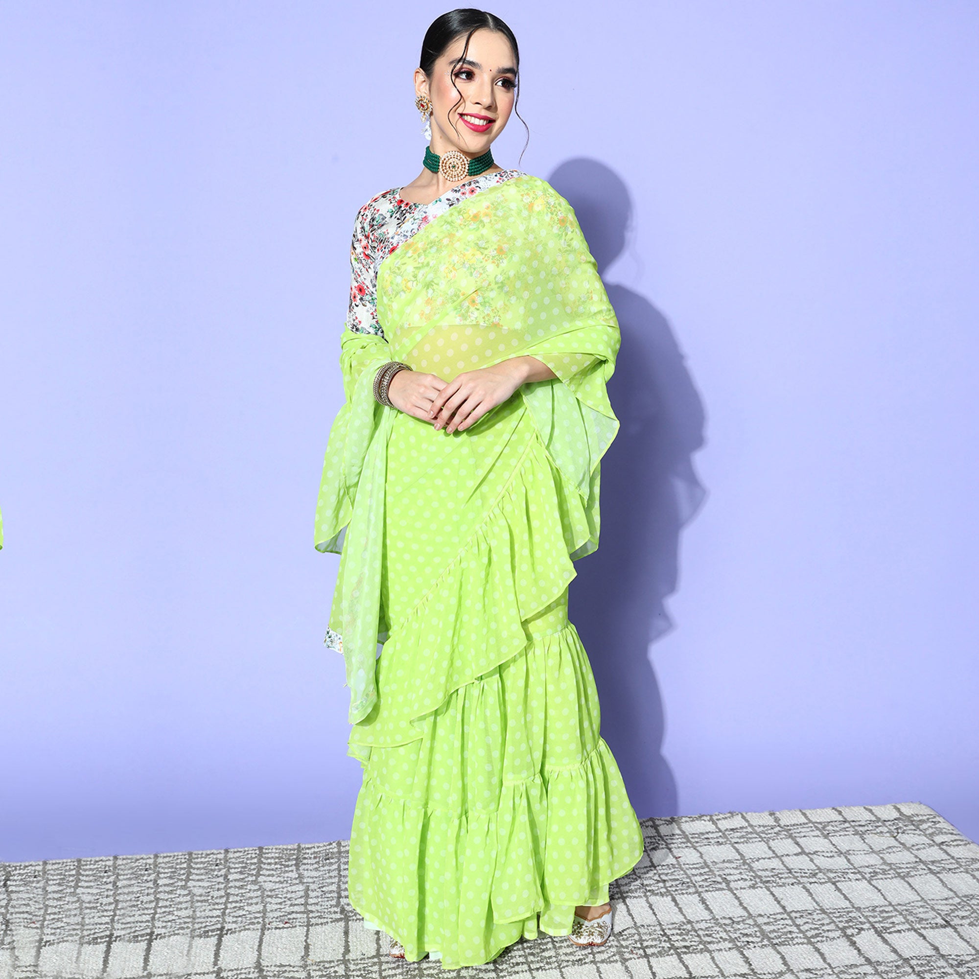 Green Printed Georgette Saree