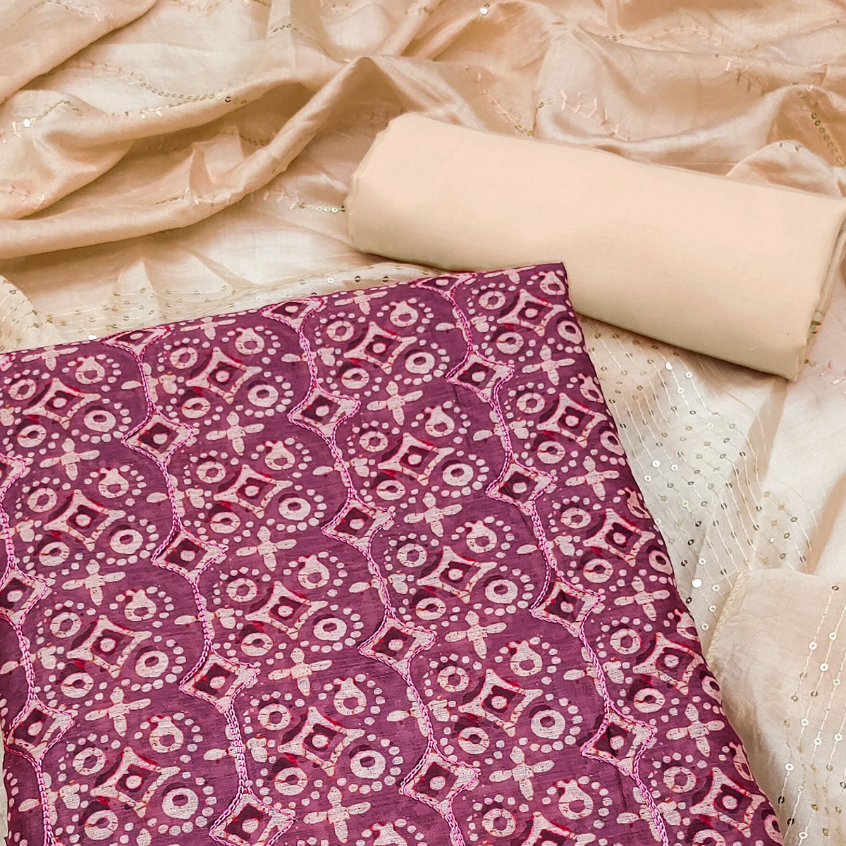 Purple Digital Printed With Embroidered Chanderi Dress Material