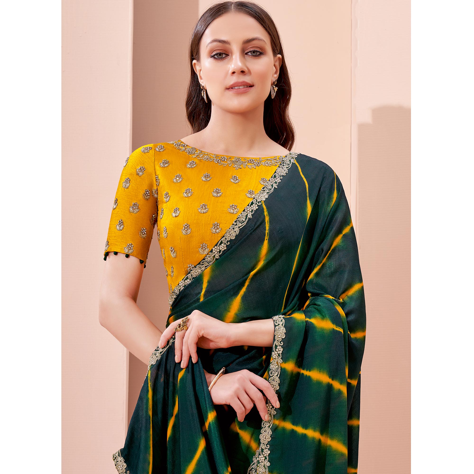 Bottle Green Printed With Embroidered Georgette Saree