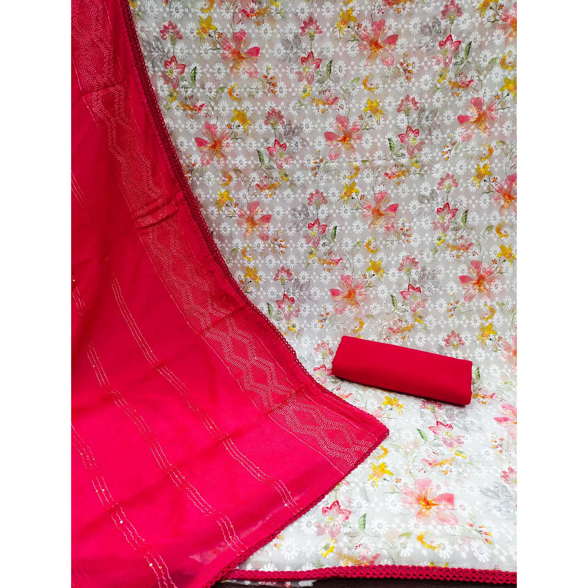 White & Pink Digital Printed With Embroidered Georgette Dress Material