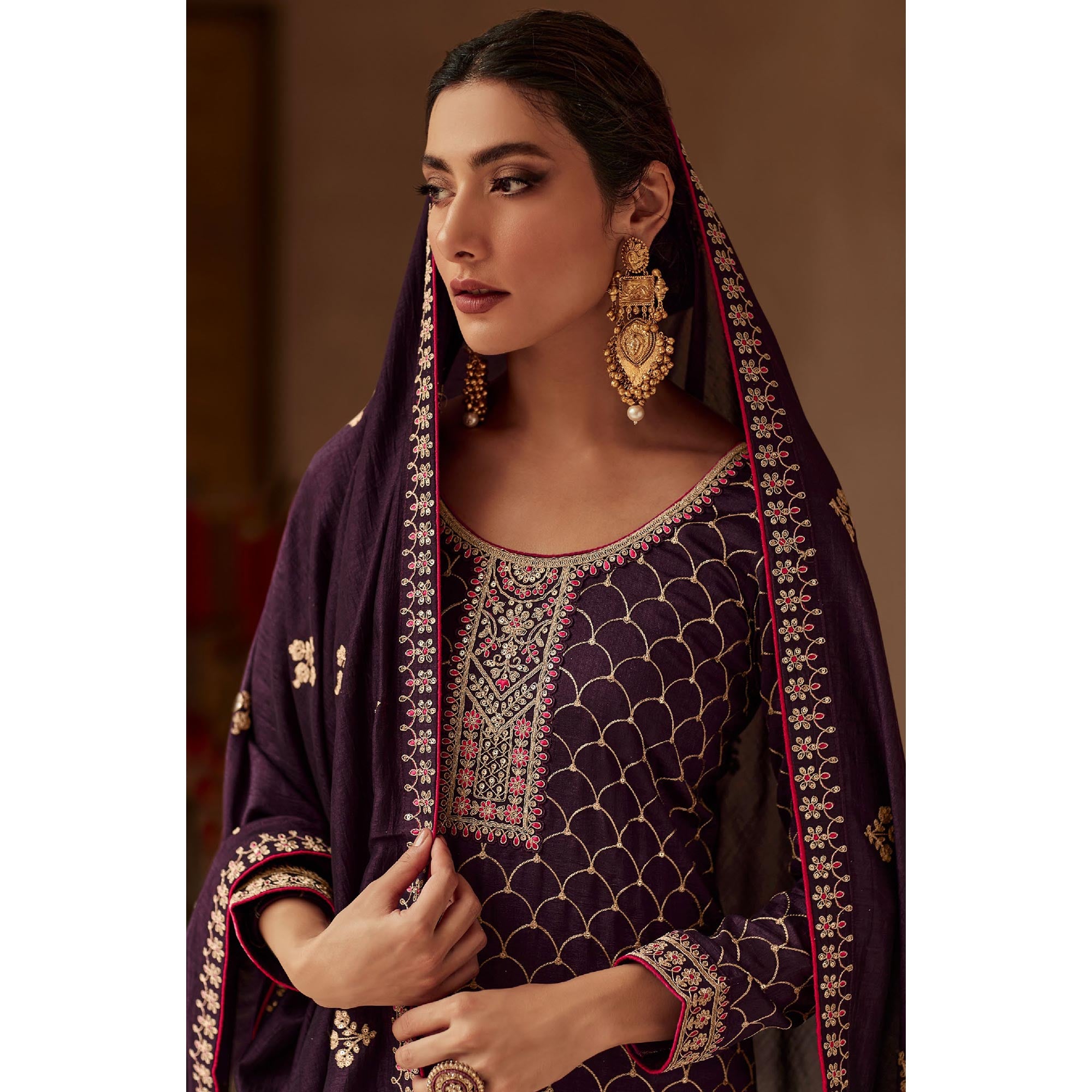 Wine Floral Embroidered Art Silk Palazzo Suit