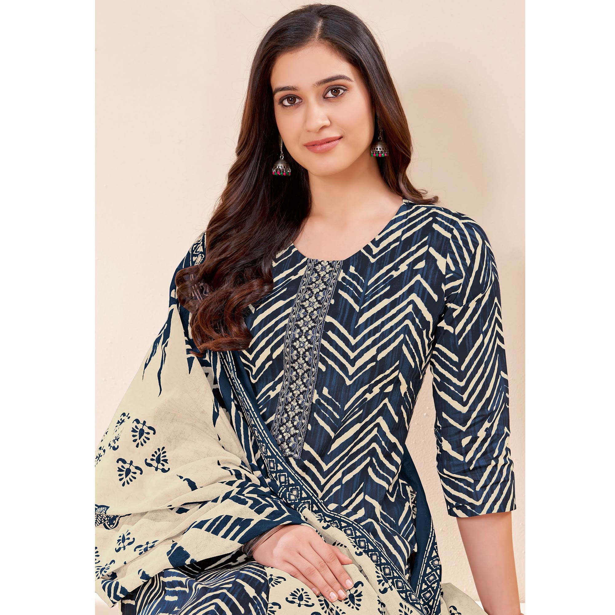 Blue Printed With Tie Embroidered Pure Cotton Suit