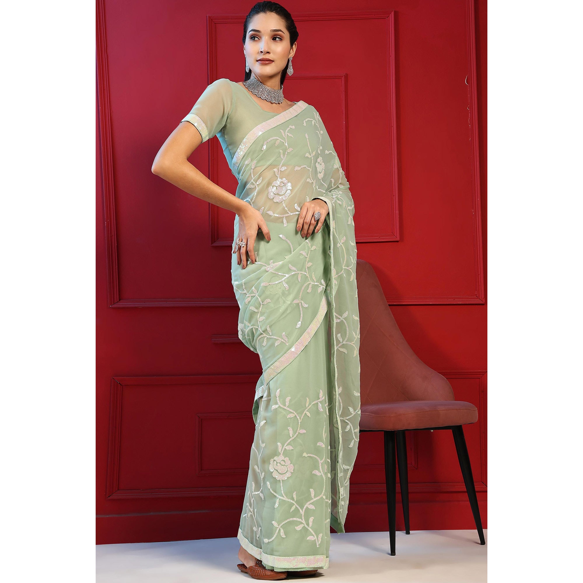 Green Sequins Embroidered Georgette Saree