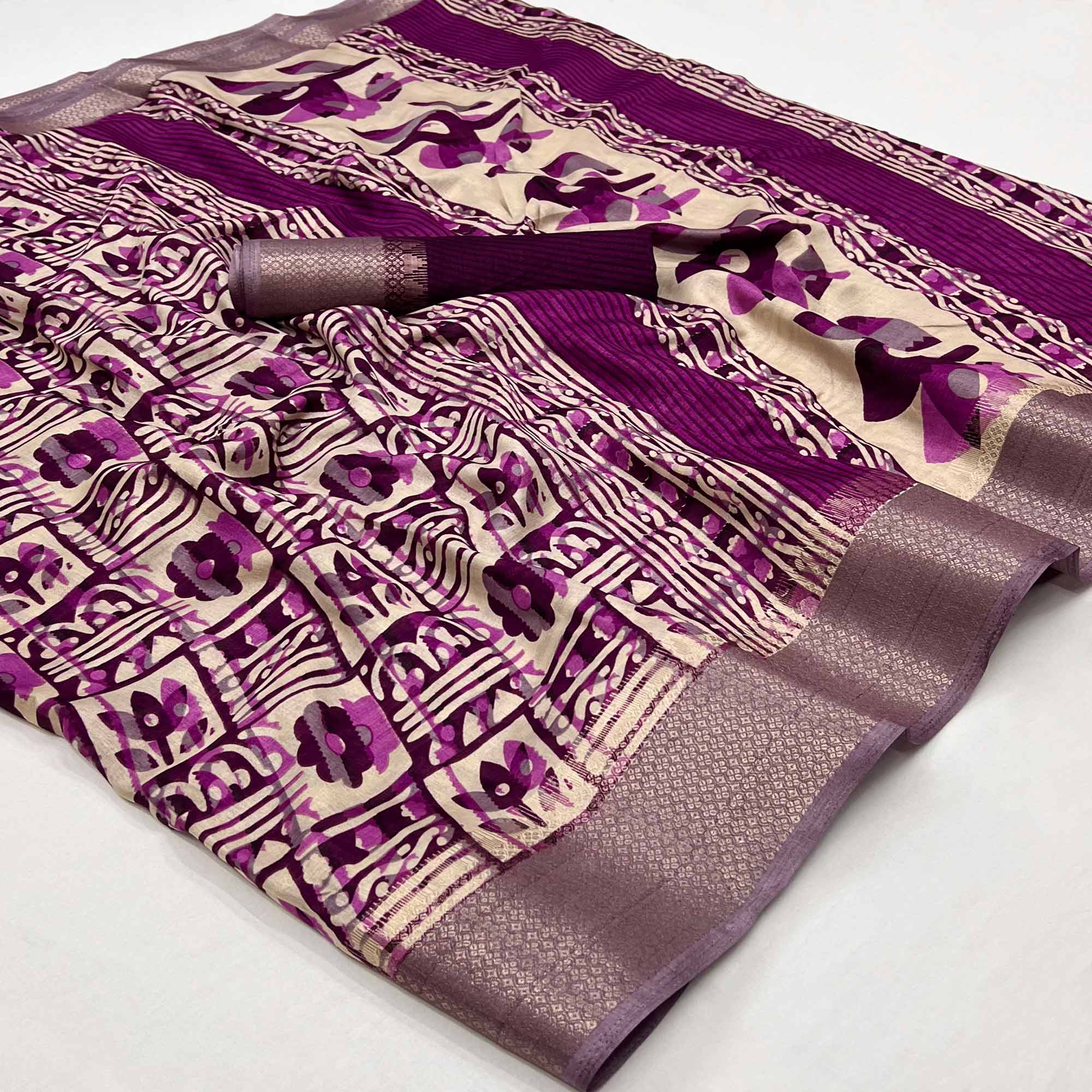 Purple Printed With Woven Border Dola Silk Saree