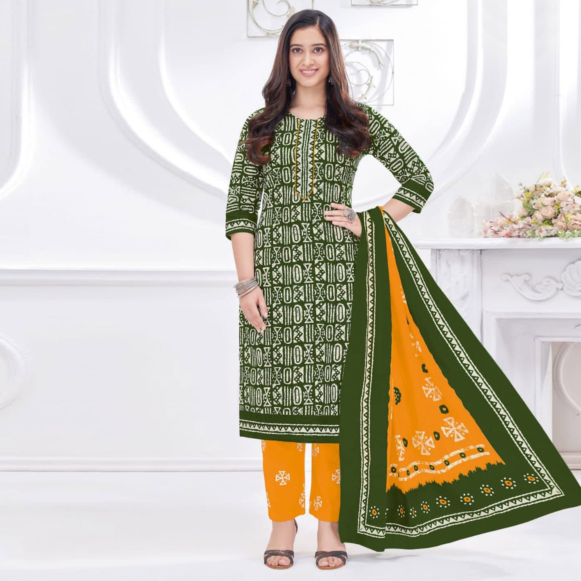 Green Printed Cotton Suit