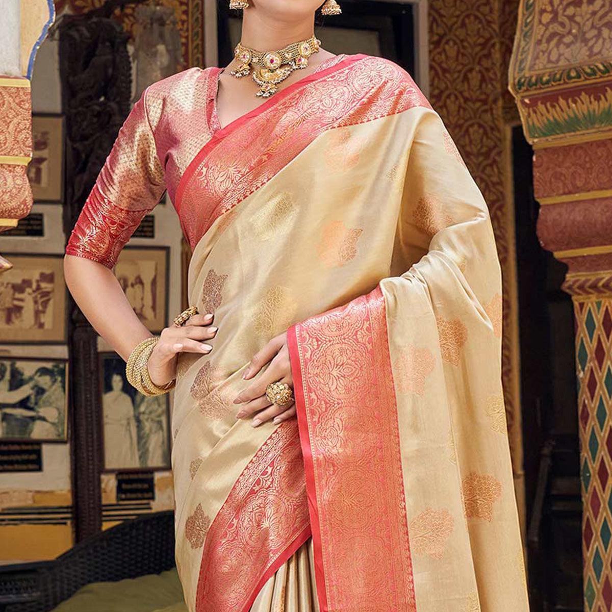 Cream Woven Tissue Saree