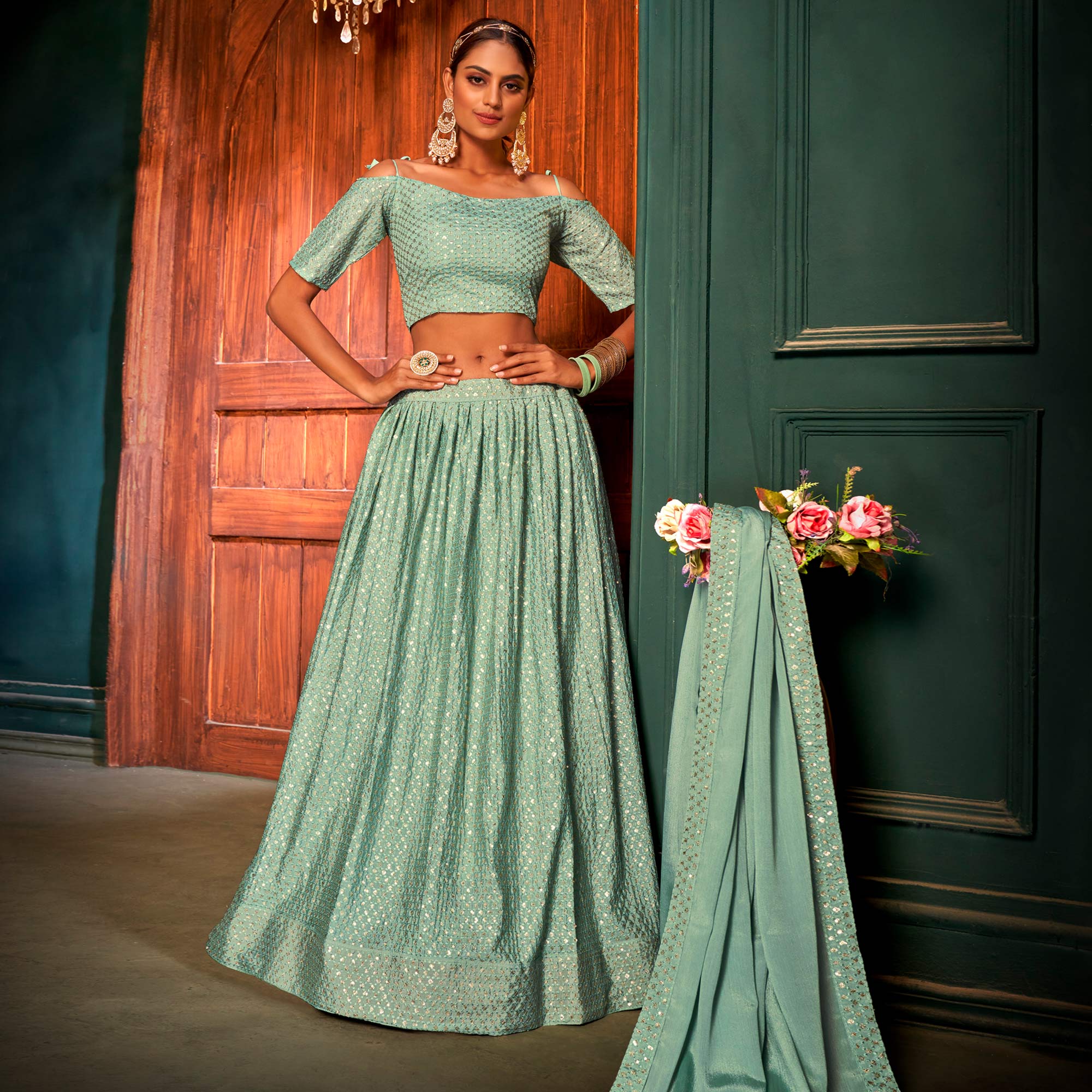 Sea Green Sequins Embroidered Chiffon Lehenga Choli