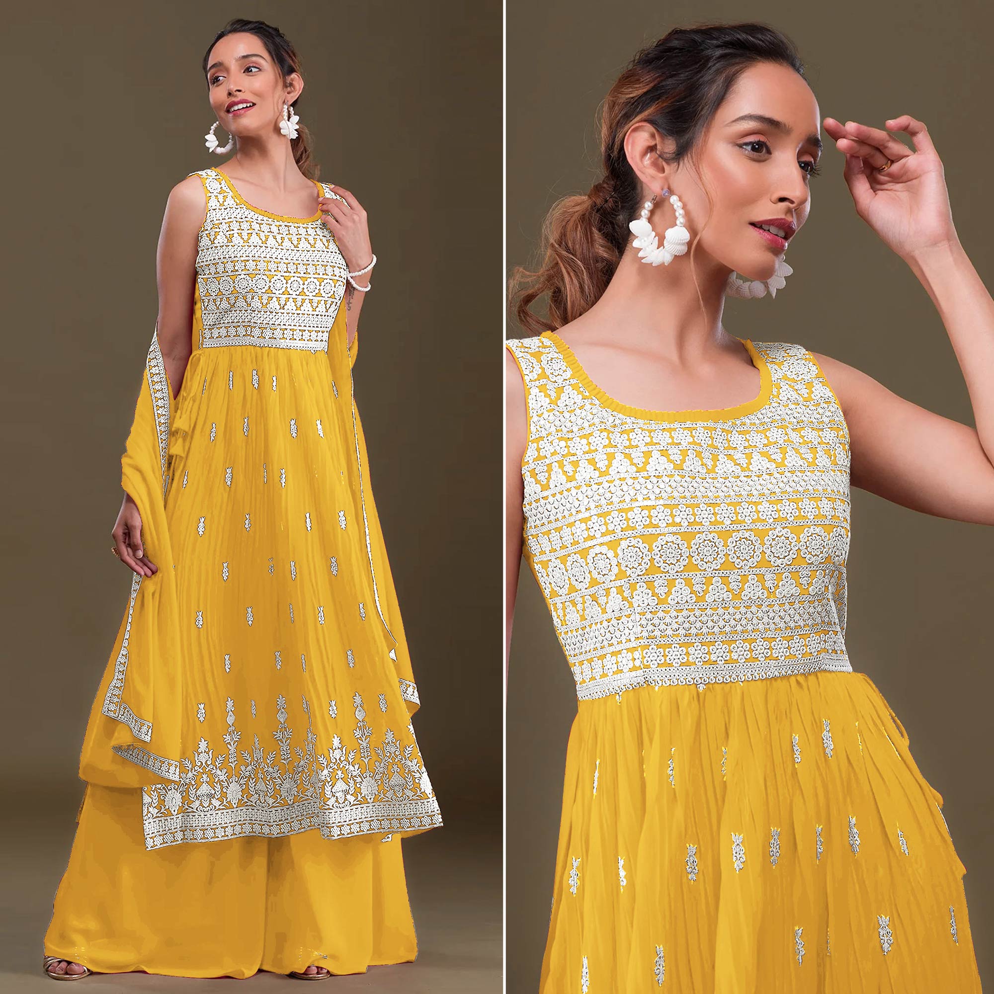 Yellow Sequins Embroidered Georgette Semi Stitched Naira Cut Palazzo Suit