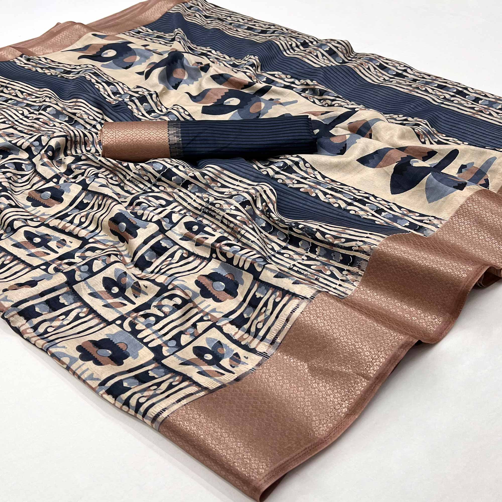 Navy Blue Printed With Woven Border Dola Silk Saree