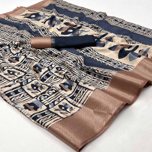 Navy Blue Printed With Woven Border Dola Silk Saree