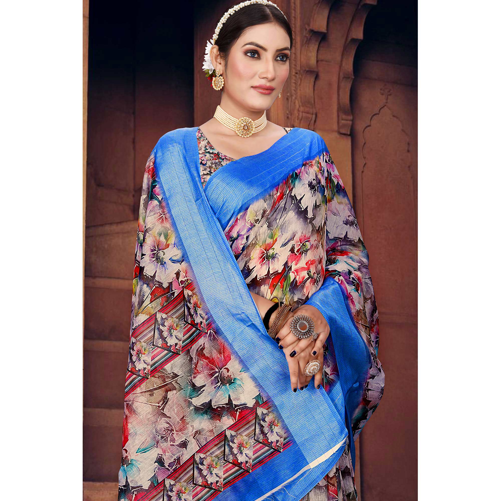 Multicolored Digital Printed Cotton Blend Saree