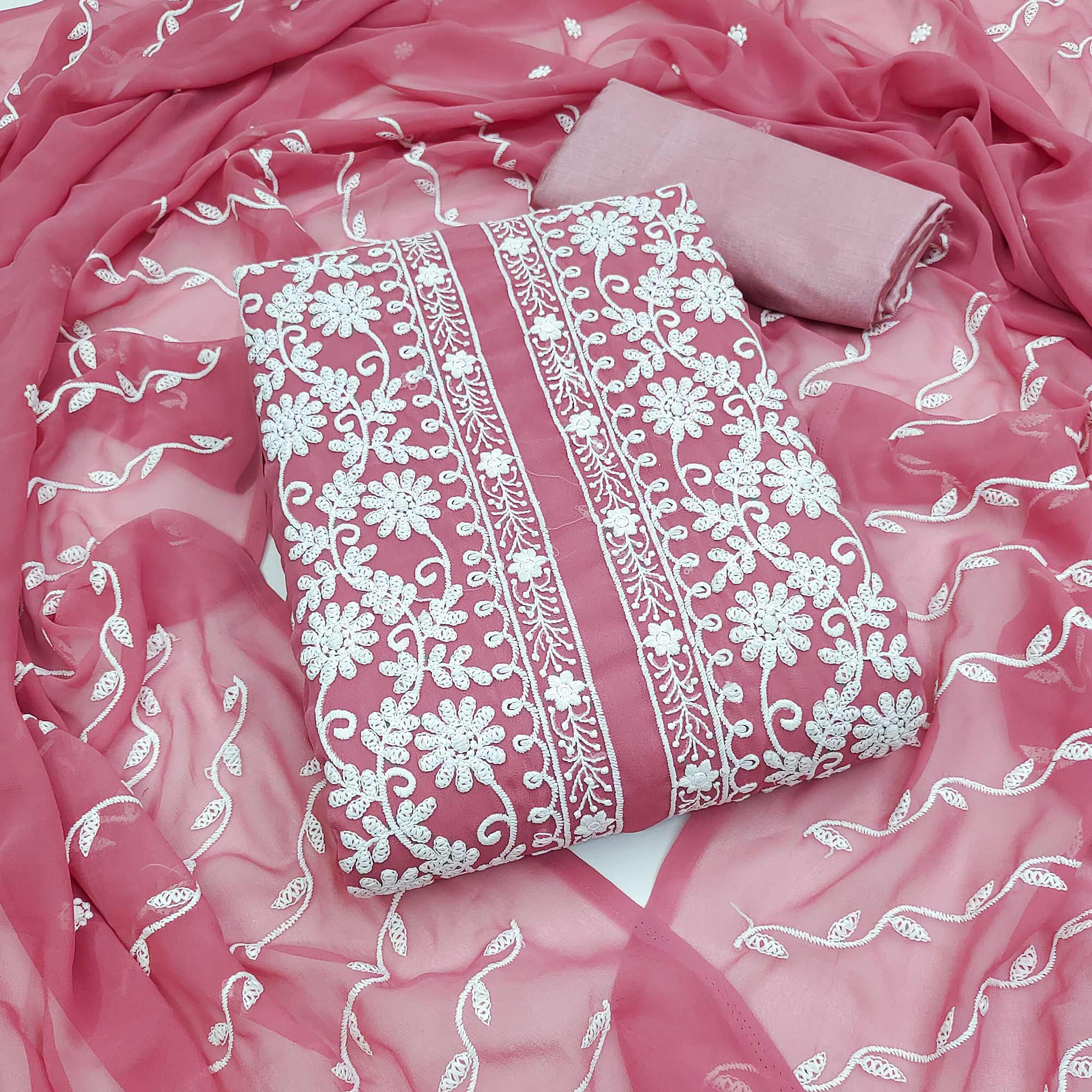 Pink Floral Embroidered Georgette Dress Material