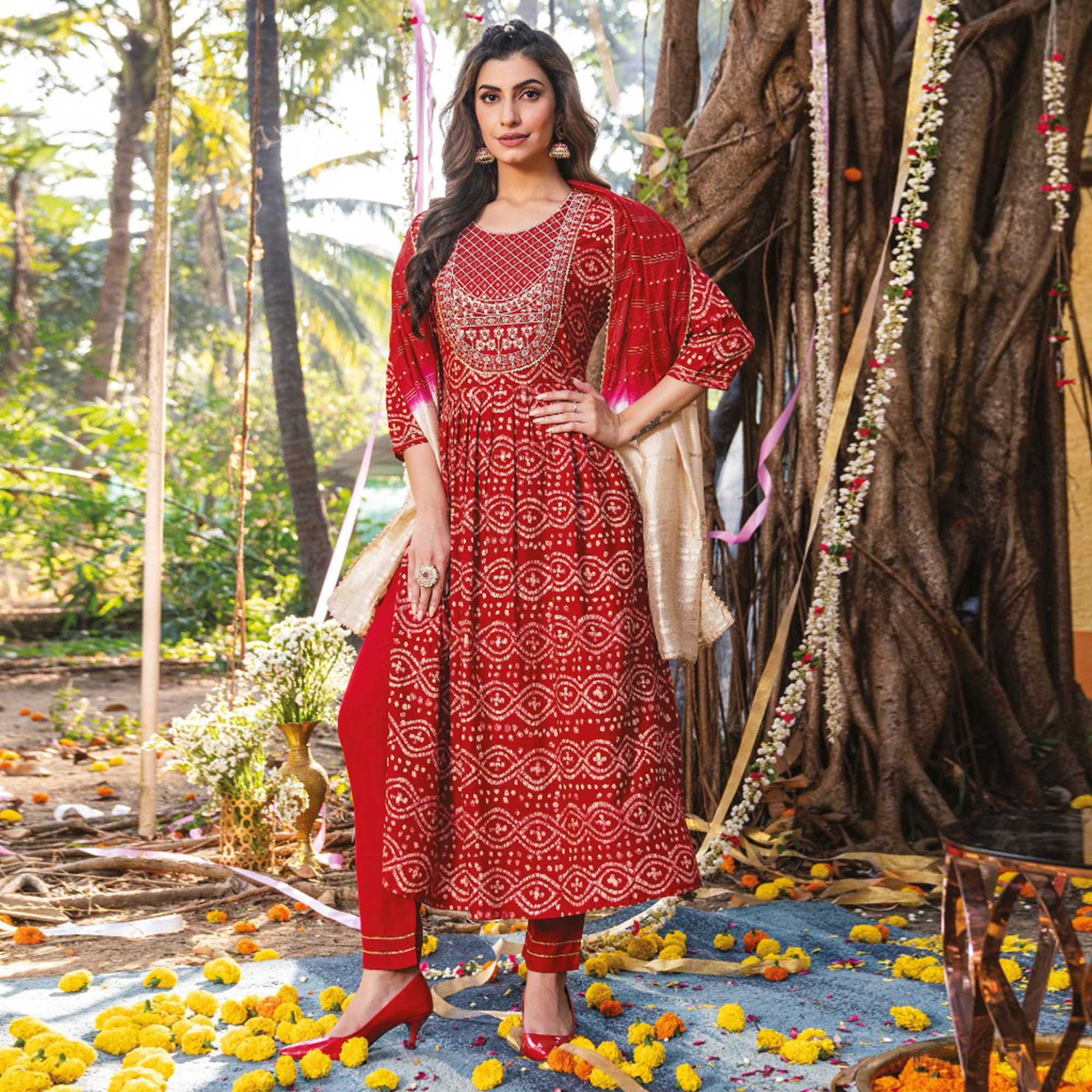 Red Printed Rayon Naira Cut Suit