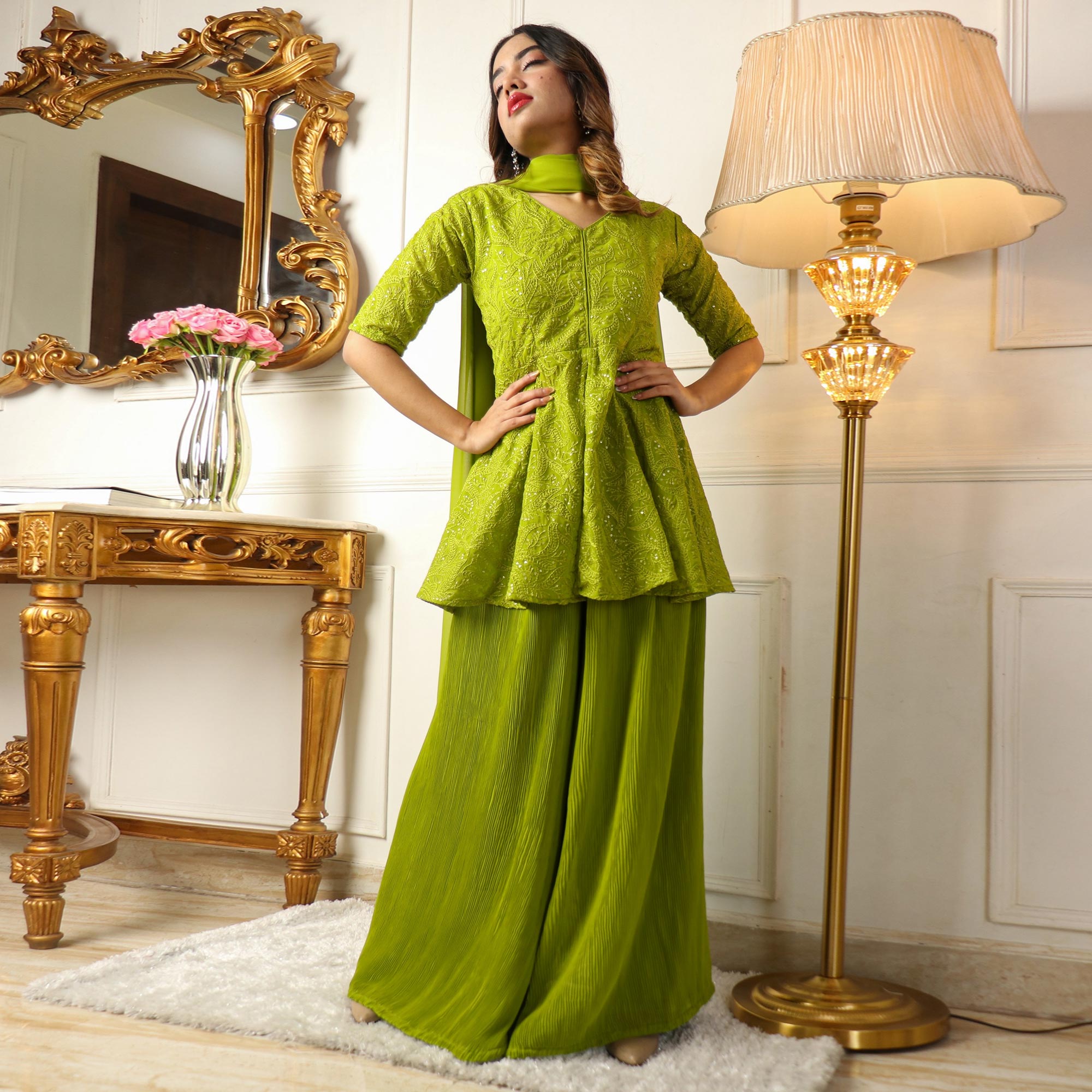 Green Sequins Embroidered Georgette Sharara Suit