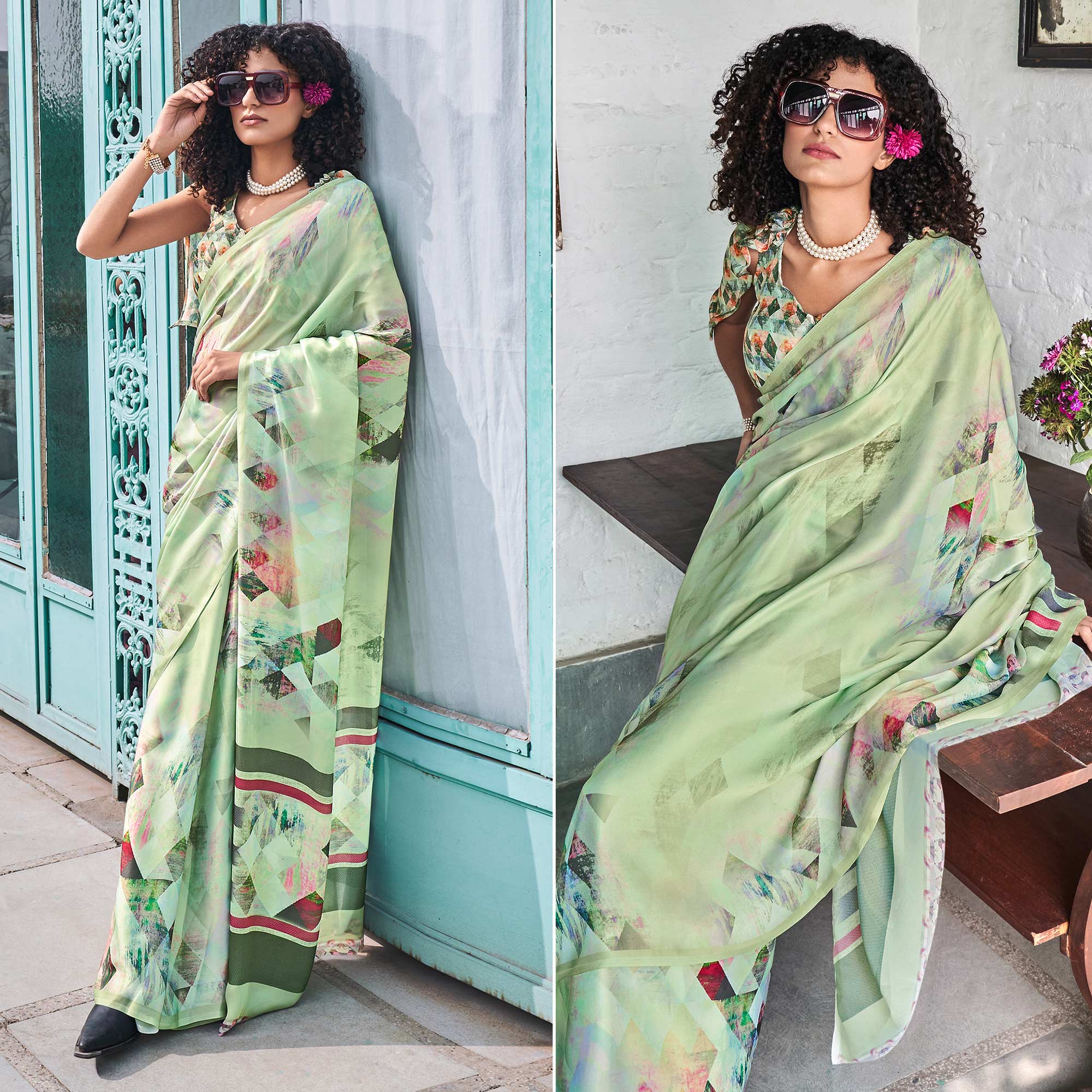 Pista Green Digital Printed Satin Saree