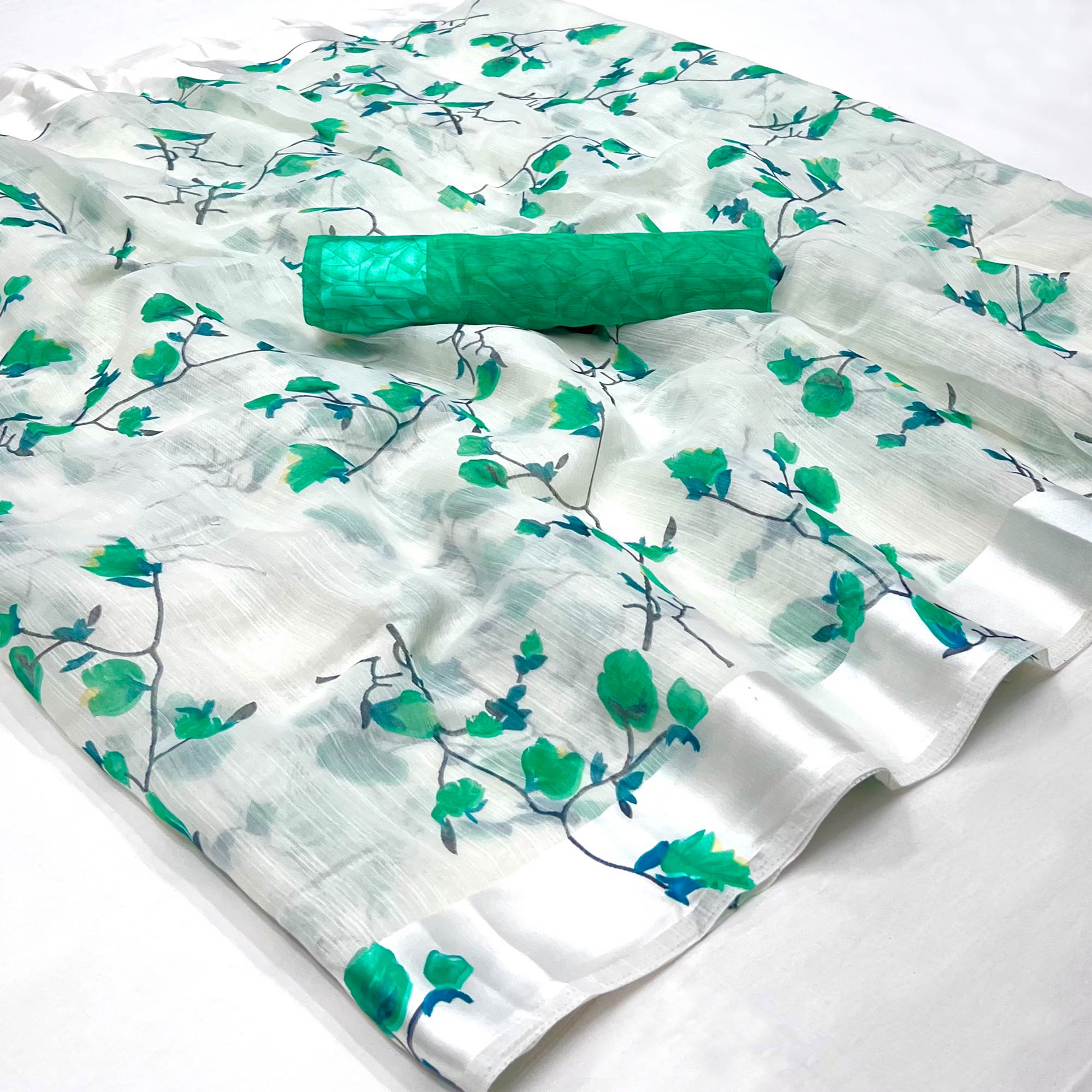White Turquoise Floral Printed Linen Saree