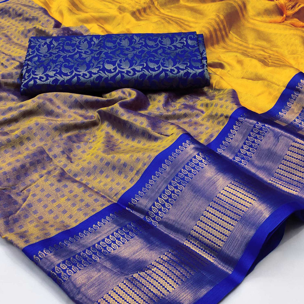 Golden Woven Cotton Silk Saree With Tassels