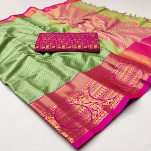 Pista Green Woven Cotton Silk Saree With Tassels