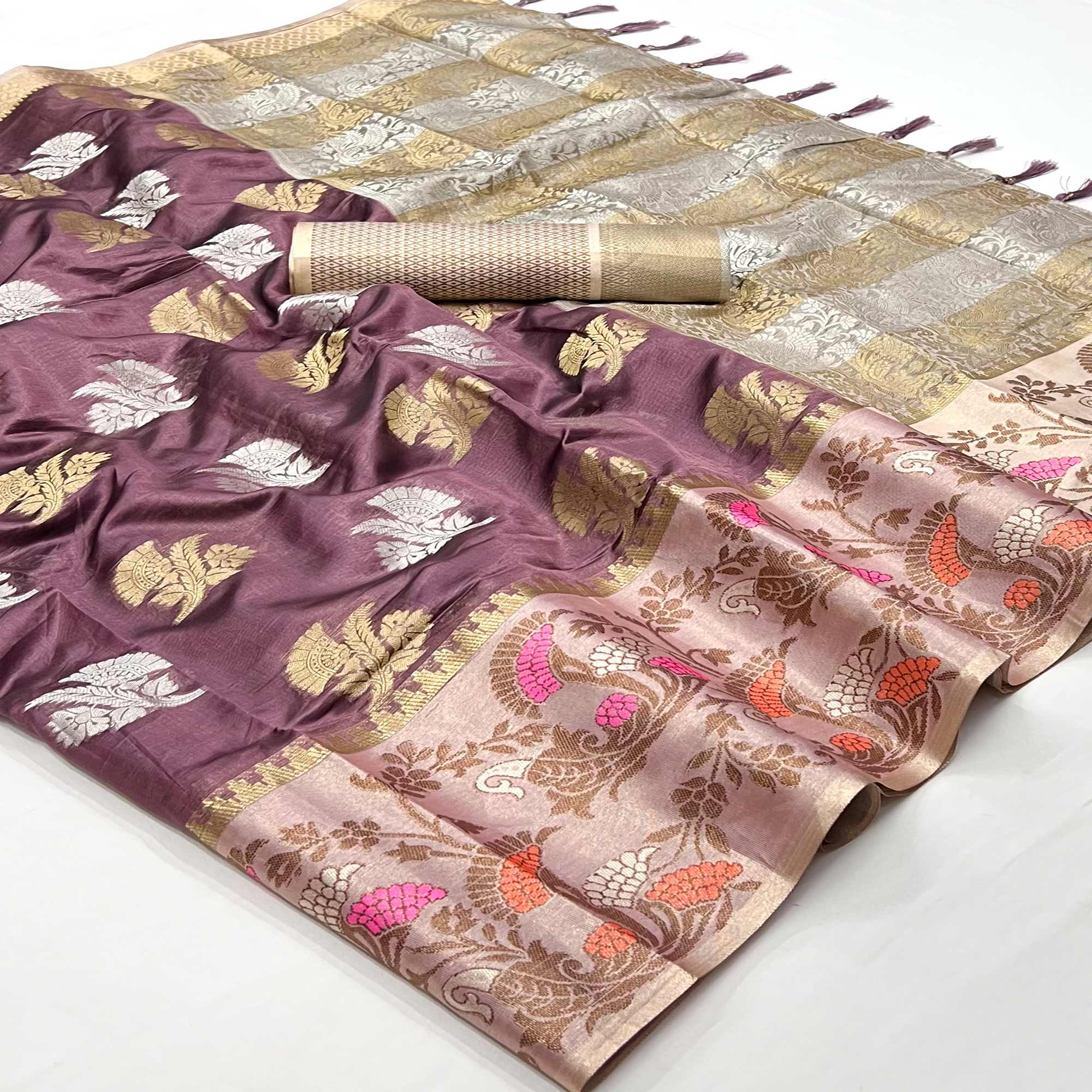 Dark Mauve Floral Woven Organza Saree With Tassels