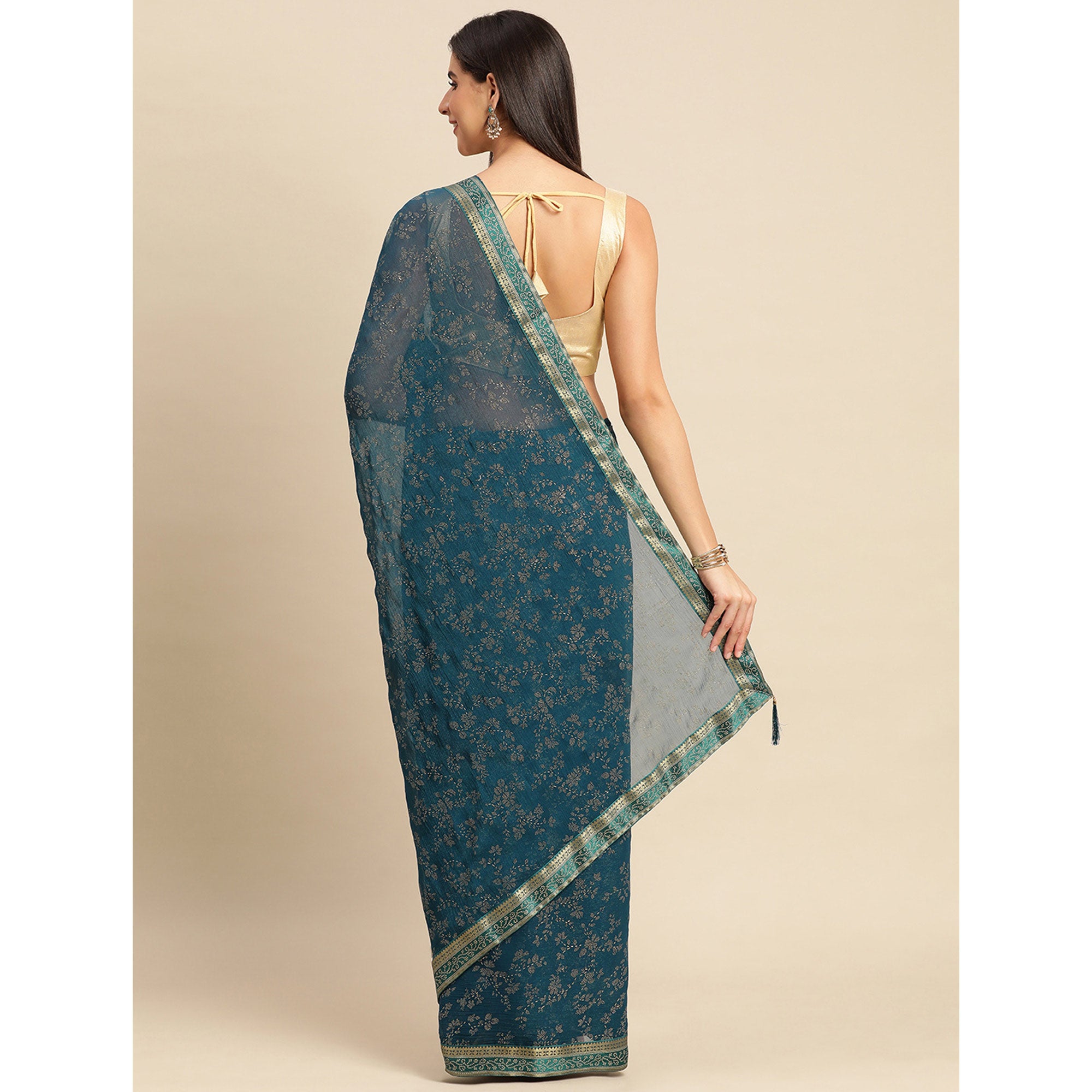 Blue Floral Foil Printed Shimmer Saree